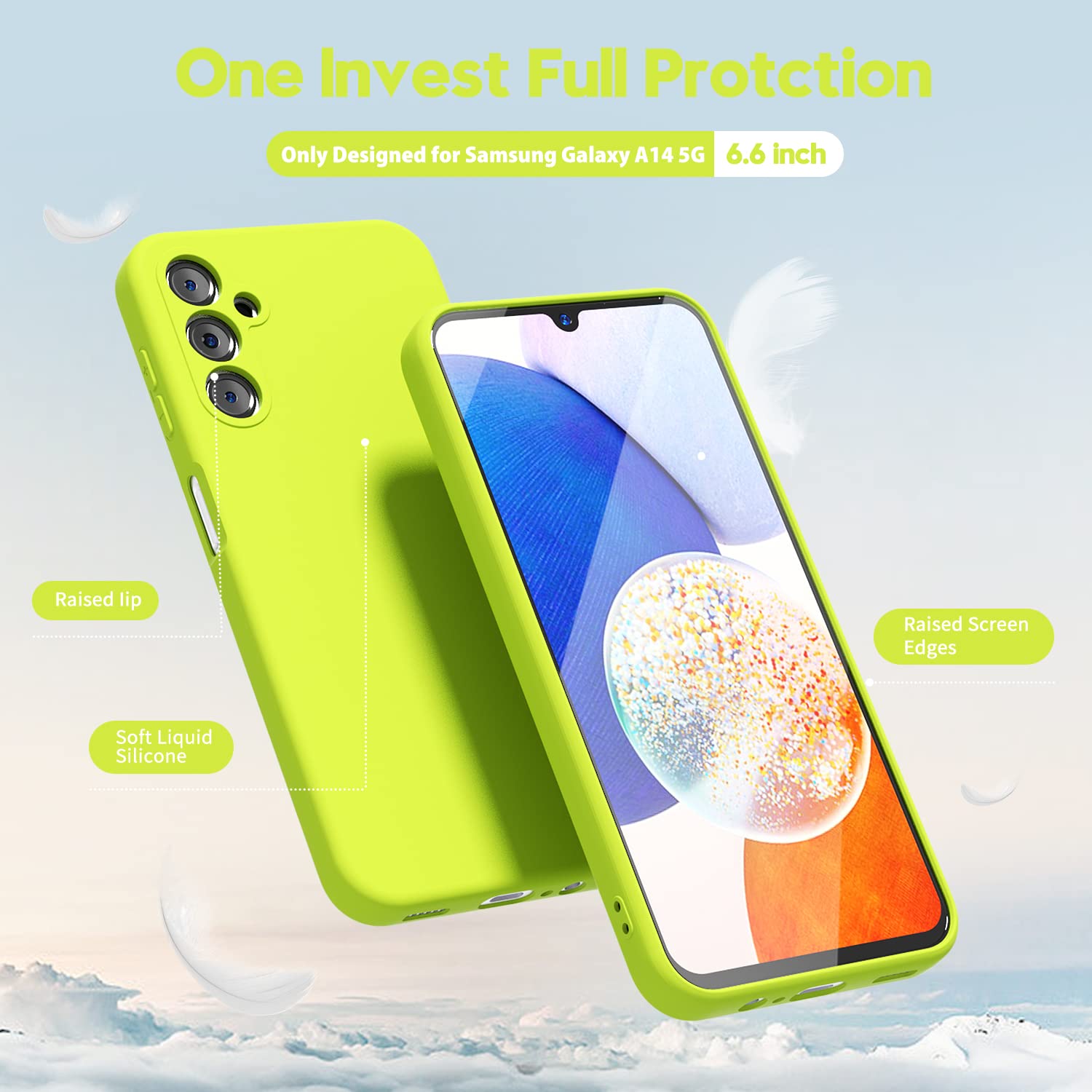 Oakxco For Samsung Galaxy A14 5G Phone Case Liquid Silicone, Fluorescent Bright Solid Color, Cute Thin Slim Soft Rubber Tpu Plai
