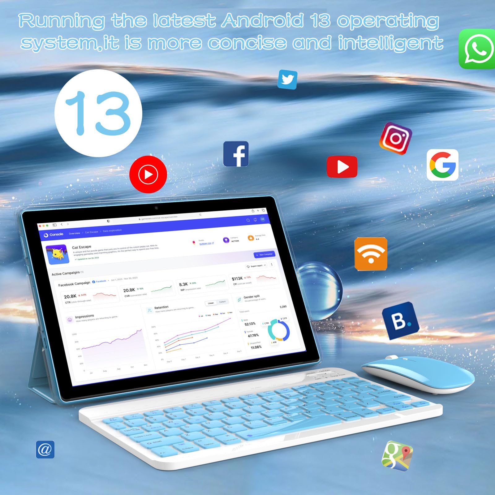 10 Inch Android 13 Tablet, 2 In 1 Tablets With Keyboard/ Case/ Mouse/ Stylus, 10Gb Ram+64Gb Rom+512Gb Expand Tablet, 1280*800 Ip