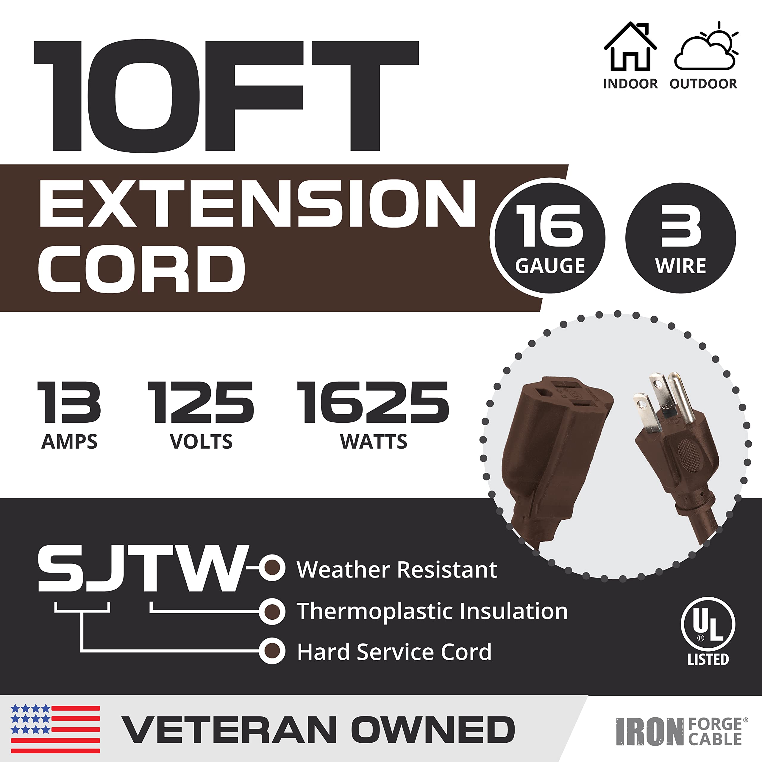 Iron Forge Cable Outdoor Extension Cord 10 Ft, 16/3 Sjtw 10 Foot Dark Brown Exterior Extension Cord 3 Prong, Weatherproof 13 Amp