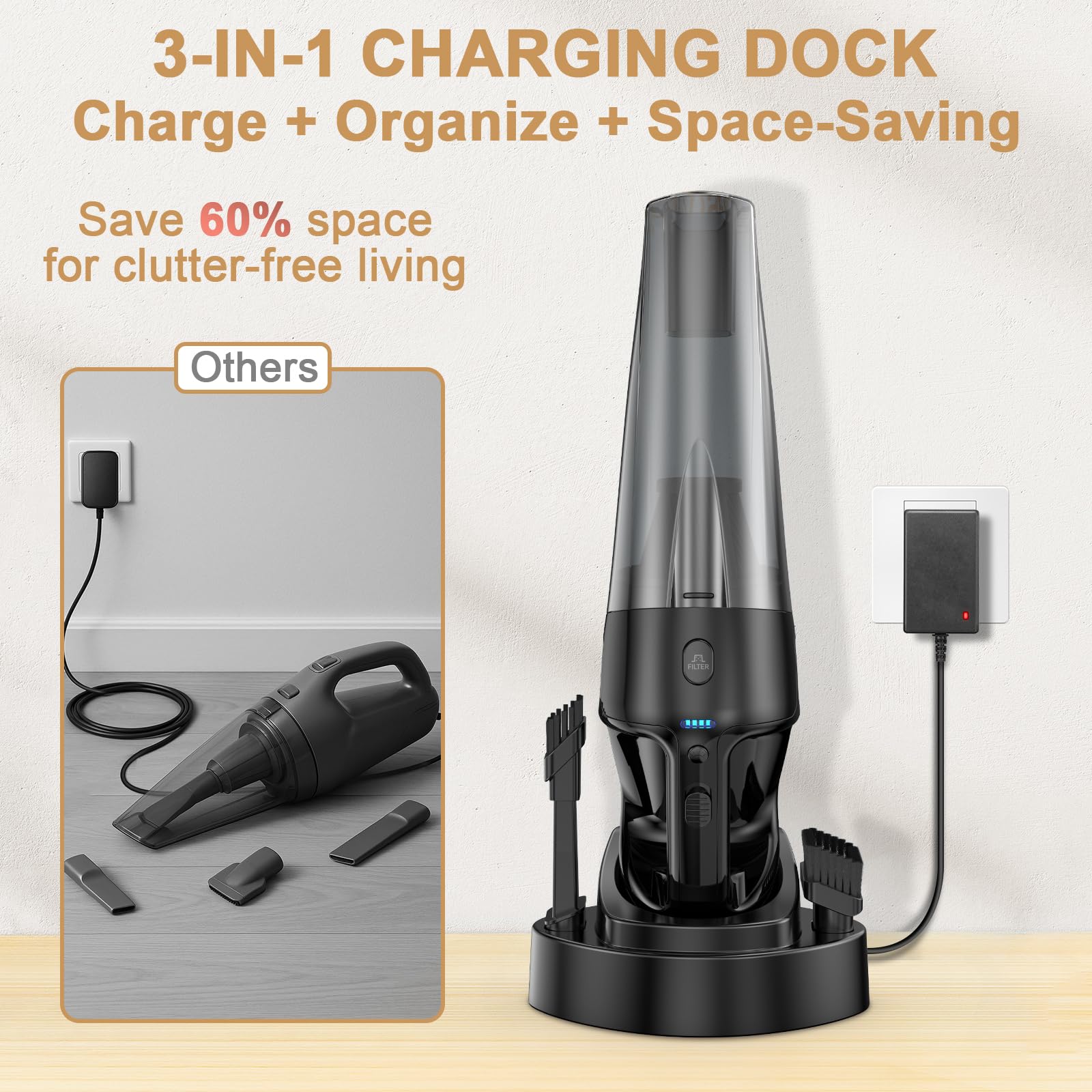 Handheld Vacuum Cordless Rechargeable With Charging Dock - 16000Pa Ultra-Strong Suction, Portable & Lightweight, Fast Charging,
