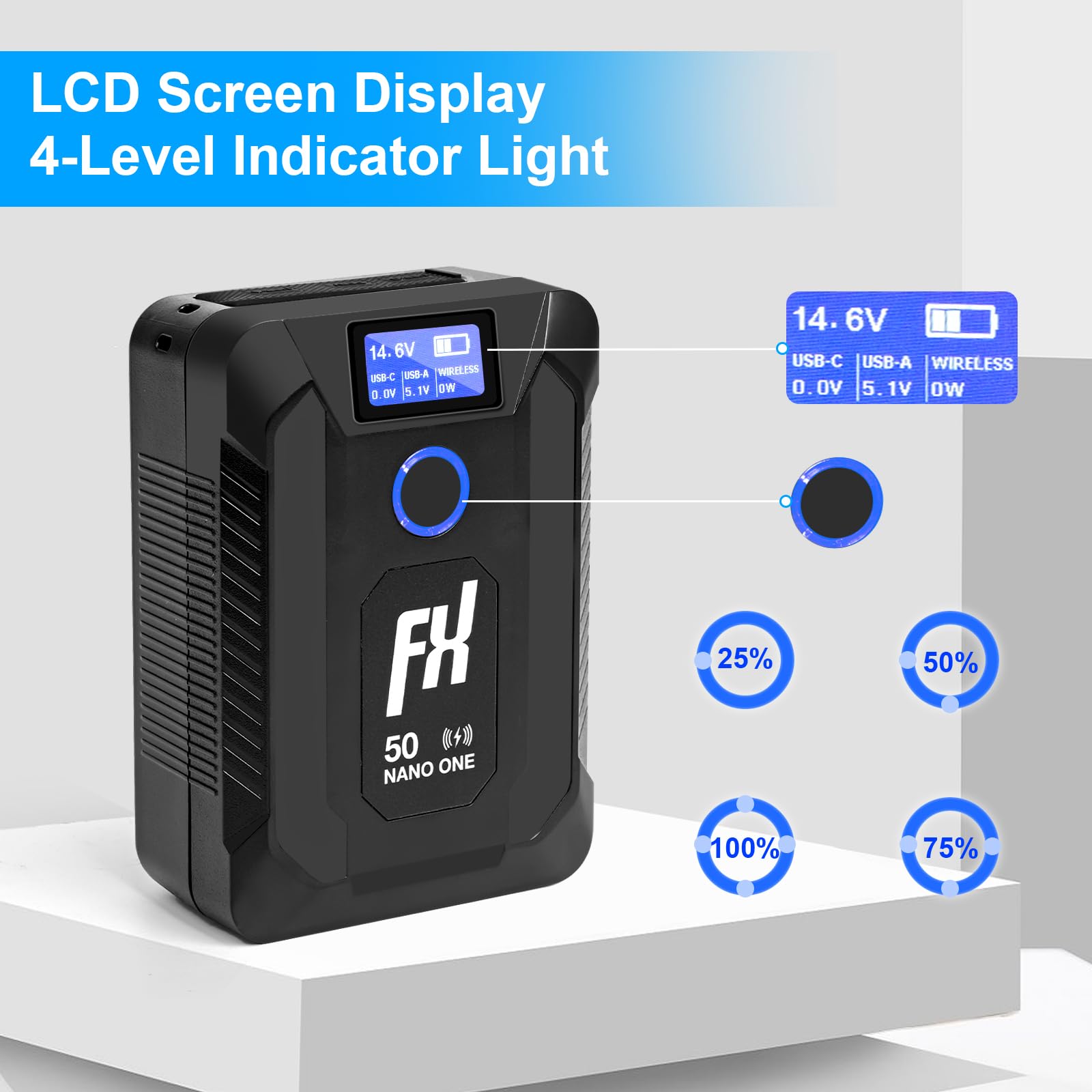 Fxlion Nano One Upgraded V Mount Battery,50Wh 14.8V 3400Mah V Lock Battery Built In Wireless Charger,With D Tap,Usb A,Usb C Port