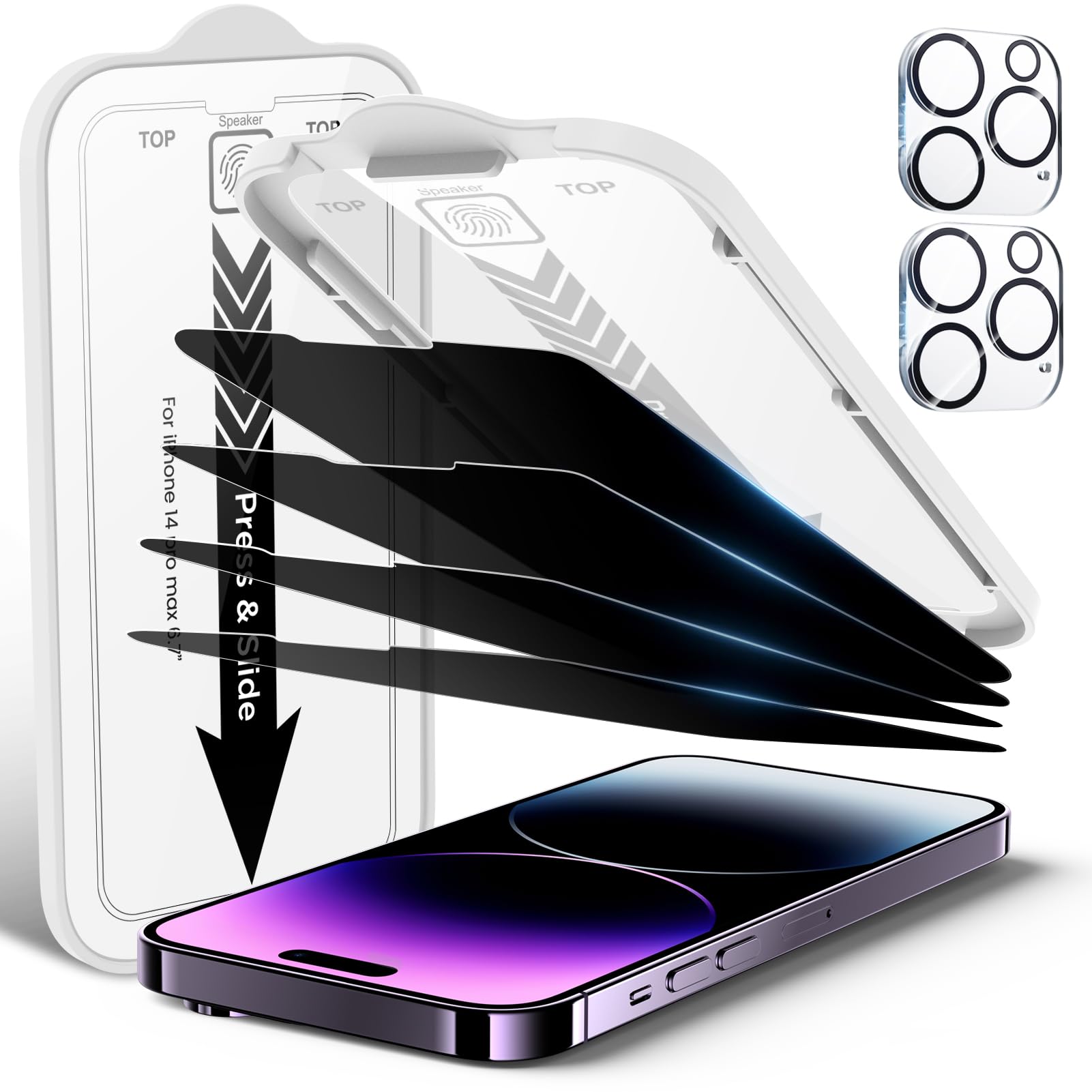 Ez Glaz 4 Pack Privacy Screen Protector For Iphone 14 Pro Max[6.7 Inch] With 2 Pack Camera Lens Protector, [Drop Protection] 9H