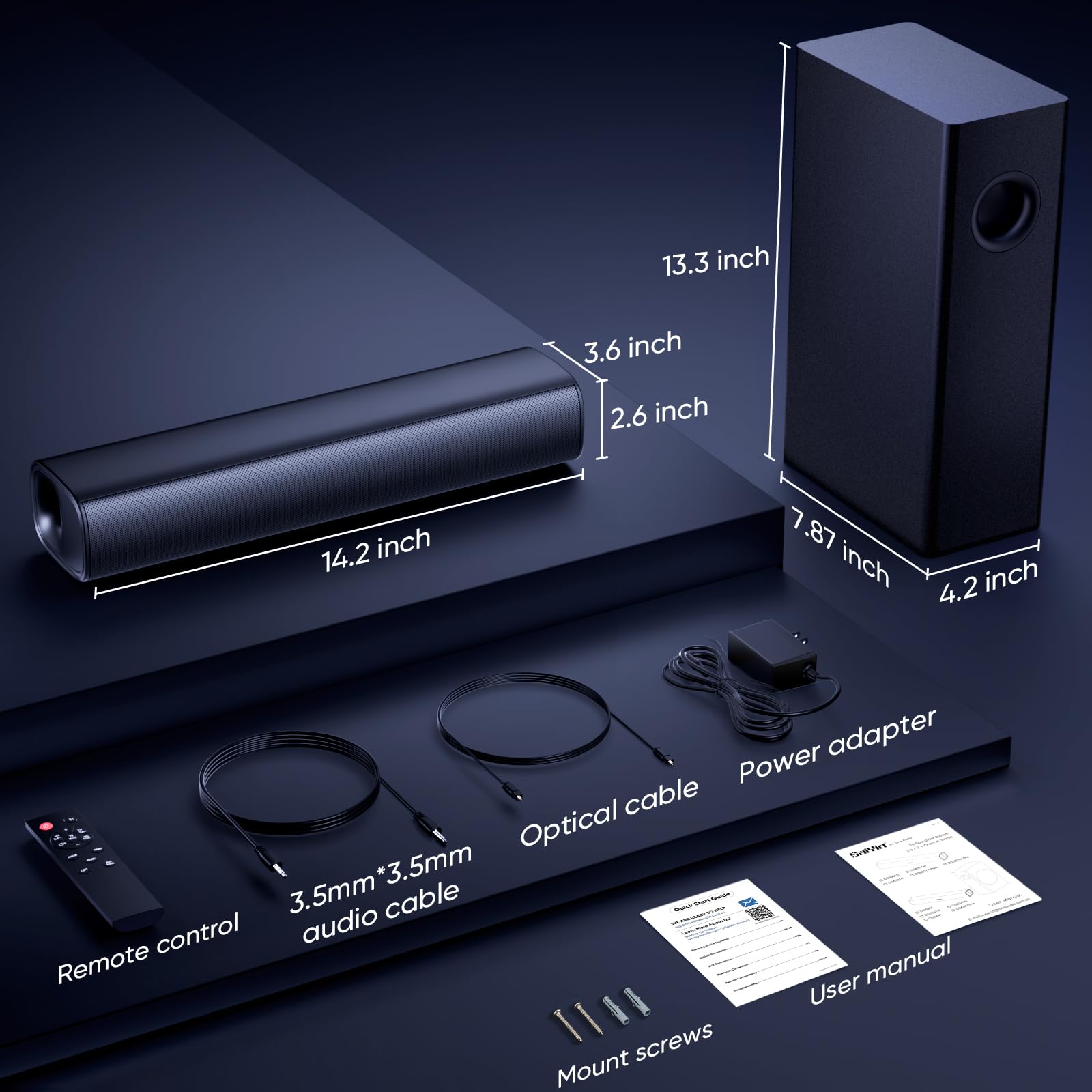 Saiyin Sound Bar, Sound Bars For Tv With Subwoofer, Soundbar Ultra Slim 17 Inch, 2.1 Channel Tv Speakers Surround Sound System O