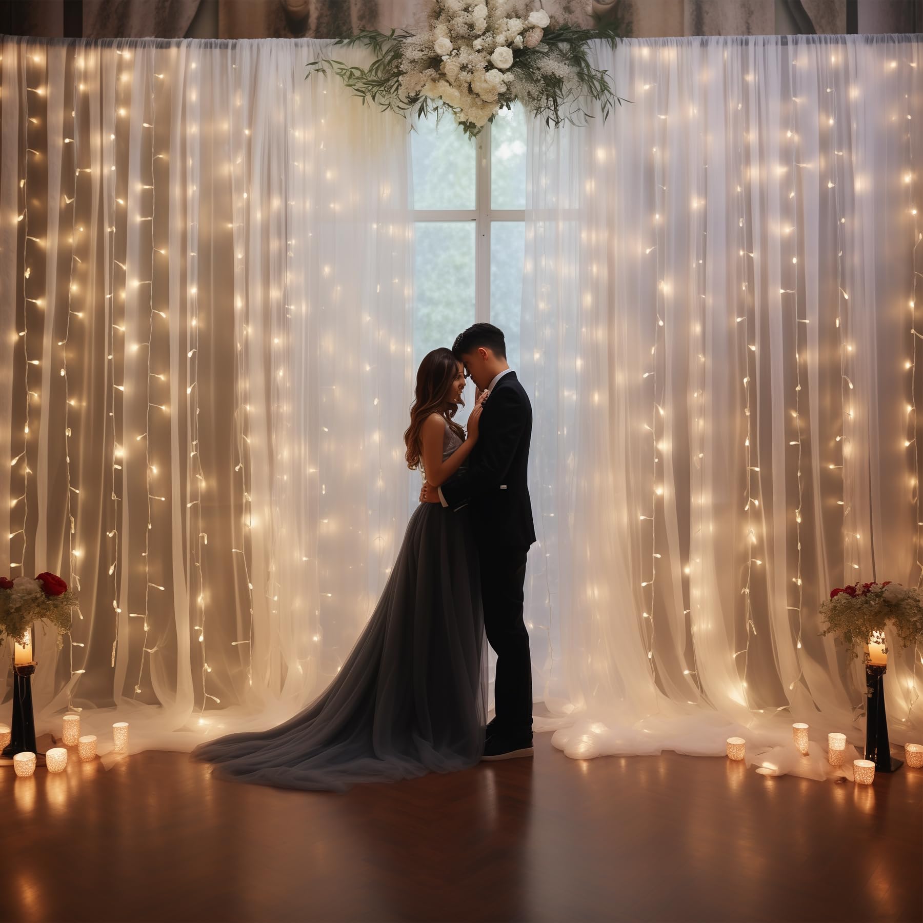 Wish Care 10Ft X 10Ft White Chiffon Backdrop Curtain With Lights String For Parites Wedding Wrinkle Free Curtain Photo Backdrops