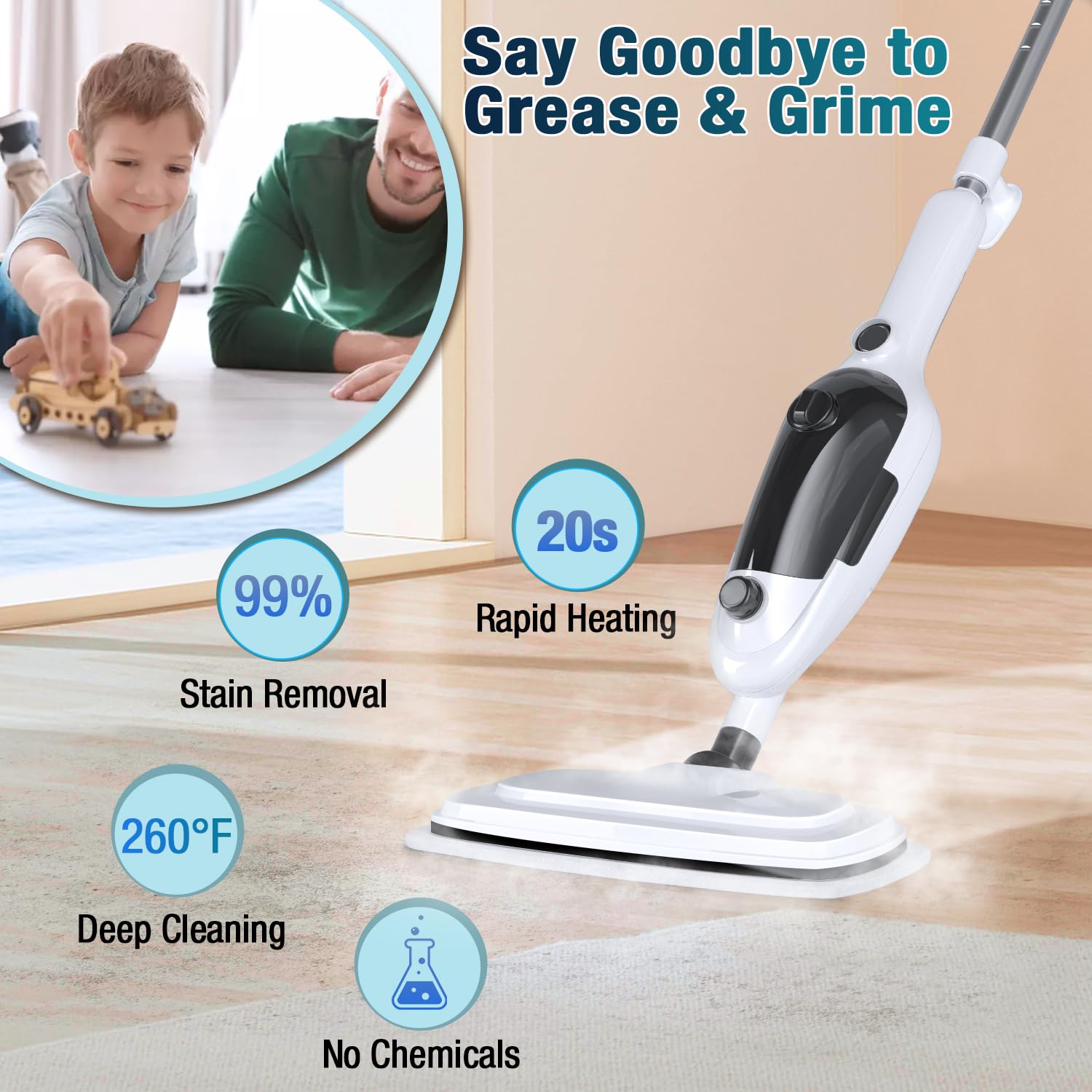Steam Mop - 11-In-1 Steam Cleaner For Home With 15.2 Oz Water Tank & 23Ft Power Cord, Detachable Steam Mops For Floor Cleaning M
