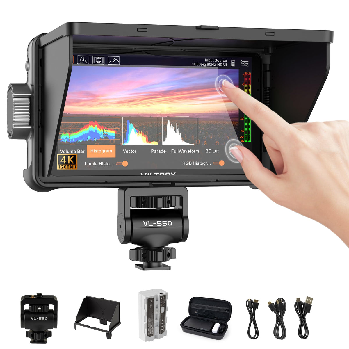 Viltrox Dc 550 Pro 5.5 Inch Camera Field Monitor, 4K Hdmi Touchscreen Dslr Camera Monitor With Battery Sunshade Hood, 1200 Nits