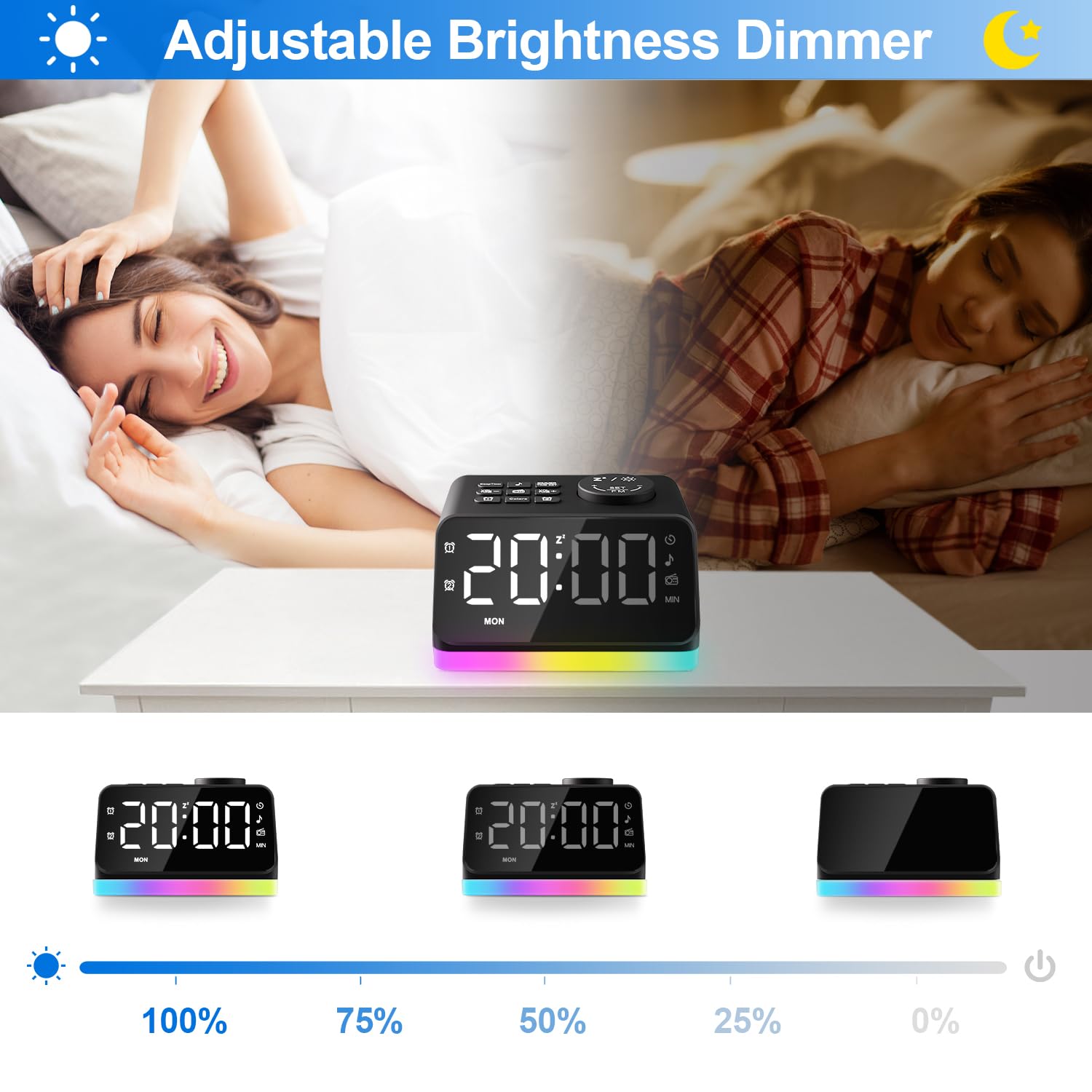 Digital Alarm Clock With Fm Radio For Bedroom, 8 Colors Night Light With 2 Charging Port, Sleep Sound Machines With Timer, Dual