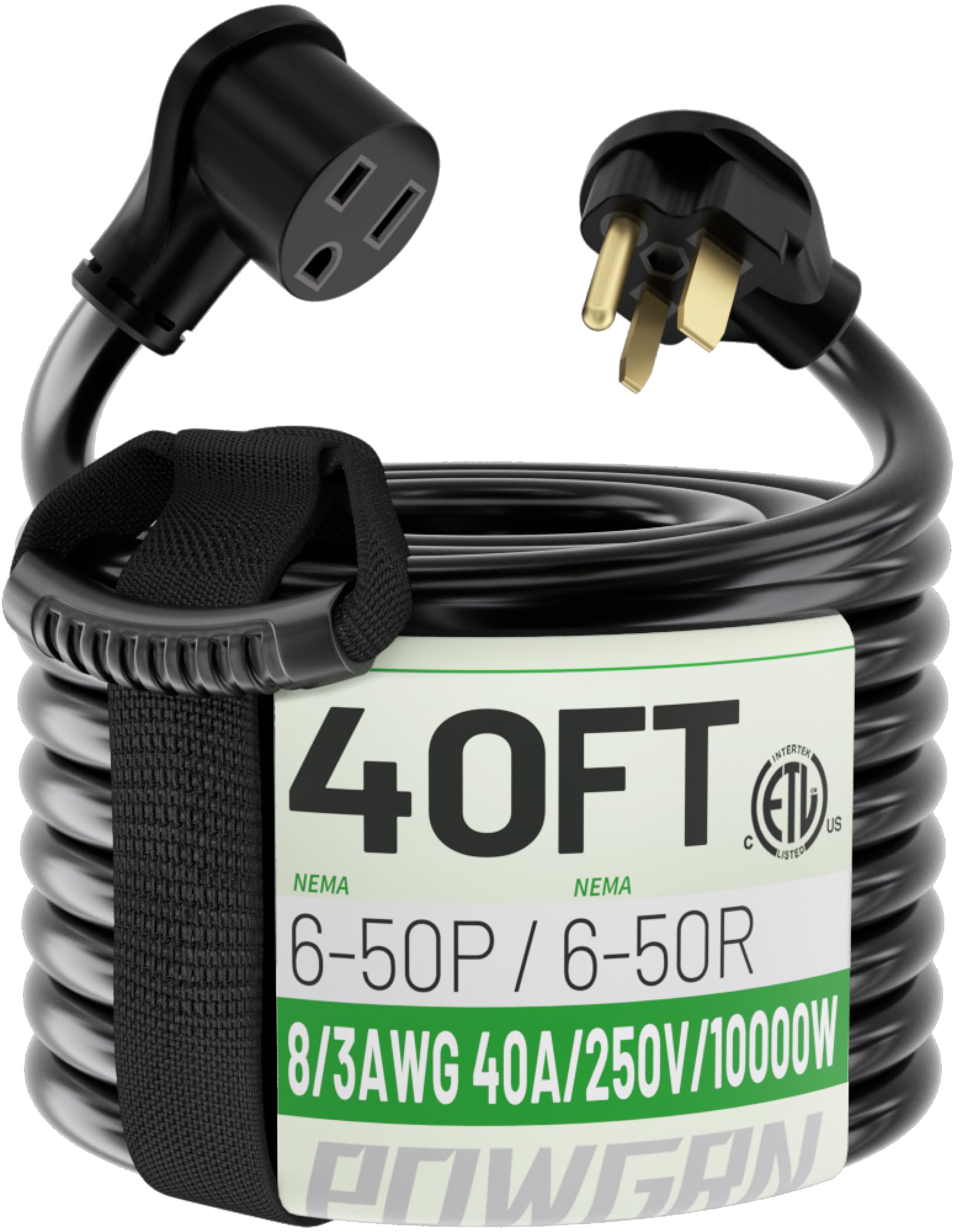 Powgrn 40 Amp 40Ft Welder Extension Cord Outdoor 8 Gauge, 250V Nema 6 50 Heavy Duty Welding Cord 3 Prong, 8Awg Stw Black, Etl
