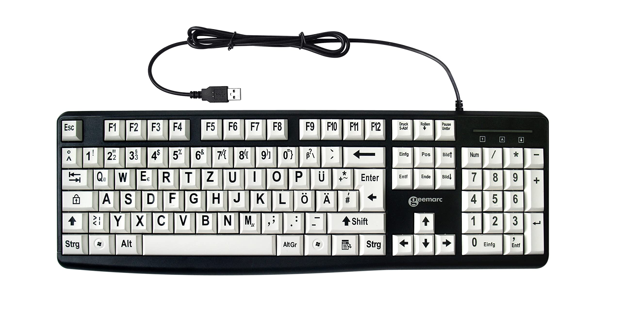 Geemarc KBSV3 USB Tastatur German, QWERTZ White, Black Extra Tasten, Multimediatasten, USB-
