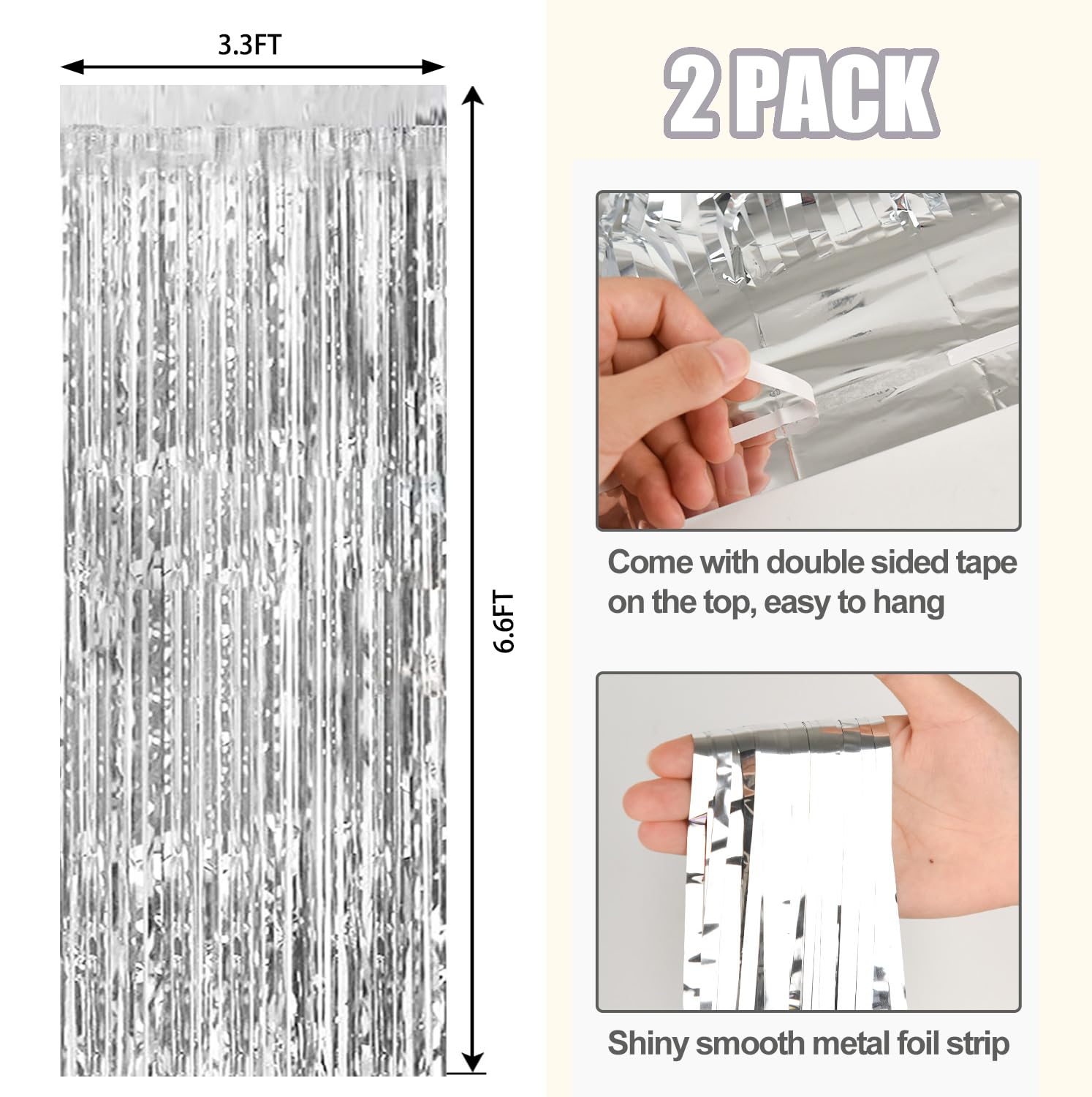 2 Pack Silver Metallic Tinsel Foil Fringe Curtains Party Photo Backdrop Party Streamers For Birthday,Graduation,New Year Eve Dec