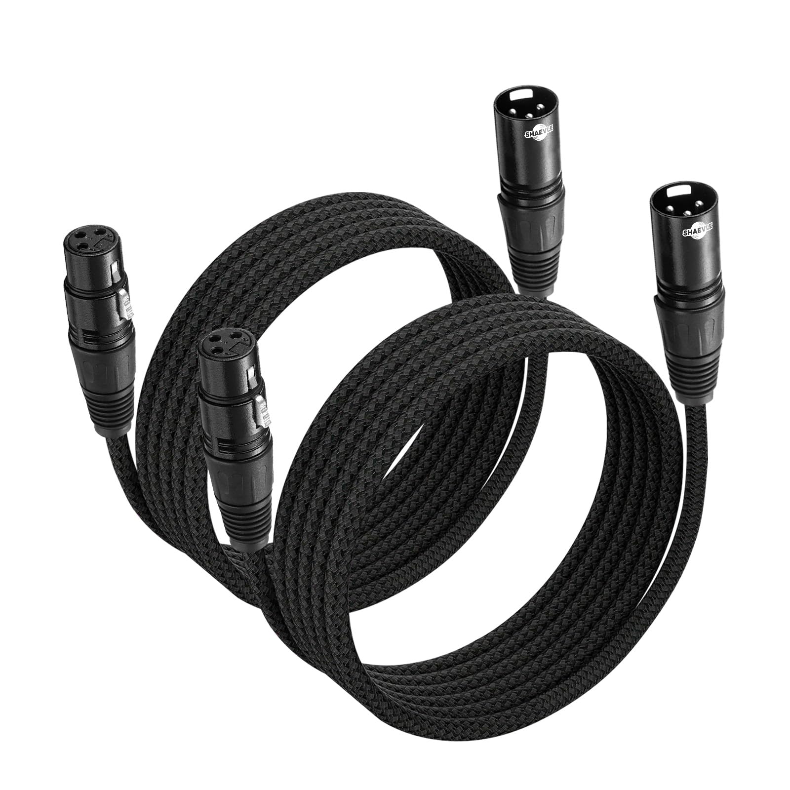 Shaevle XLR Microphone Cable 2 Pack 10 Feet/3M Male to Female 3 Pin Nylon Braided for Studio Recording and Live Production, Blac