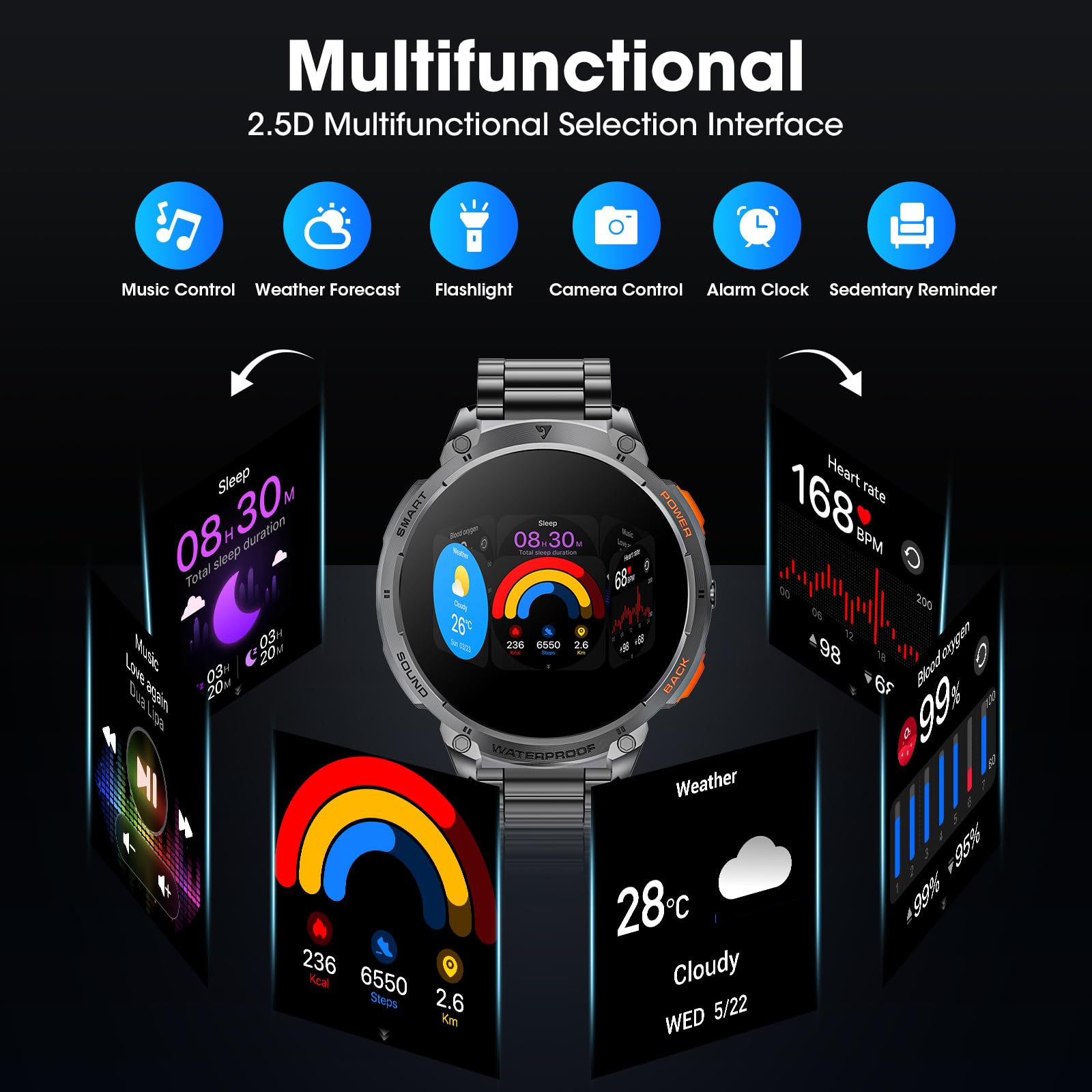 Military Smart Watch For Men 1.85'' Hd Touch Screen 730Mah Battery Smart Watches With Led Flashlight For Android Ios (Bluetooth