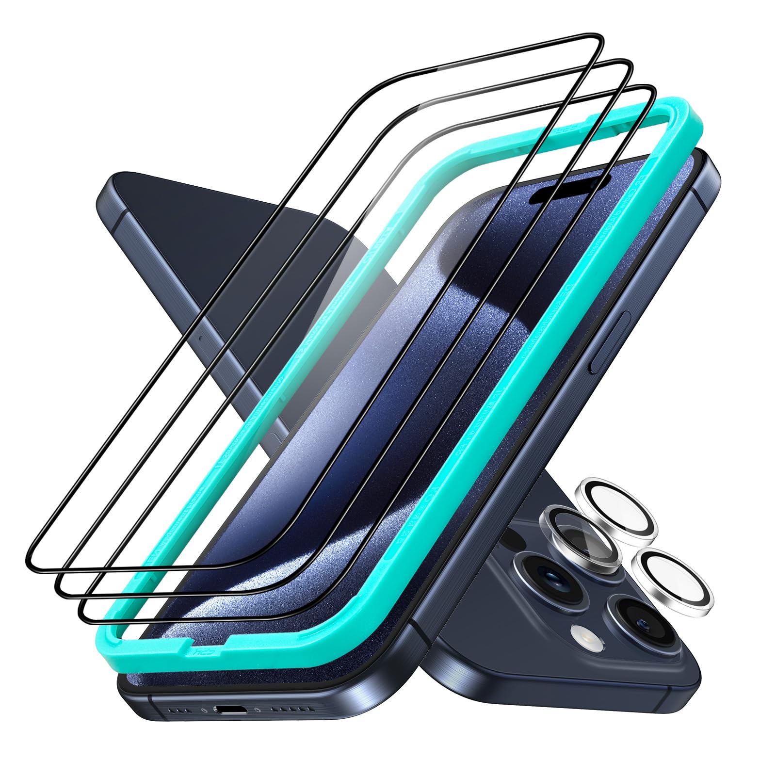 Esr 3+1 Pack Armorite Screen Protector Set For Iphone 15 Pro, Ultra Tough Tempered Glass, Easy Installation Frame, 3 Pack With 1