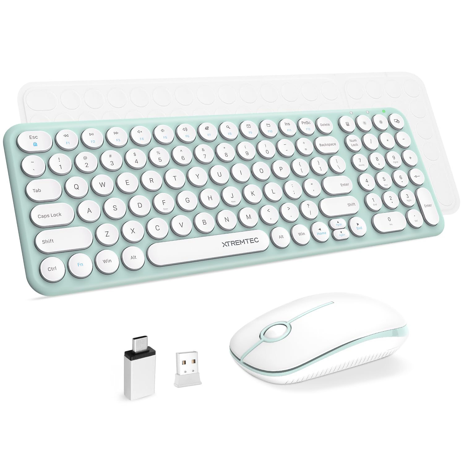 Wireless Keyboard and Mouse Combo,XTREMTEC 2.4GHz Quiet Slim Cute Round Keycap Compact Size Green Kawaii Cordless Retro Keyboard