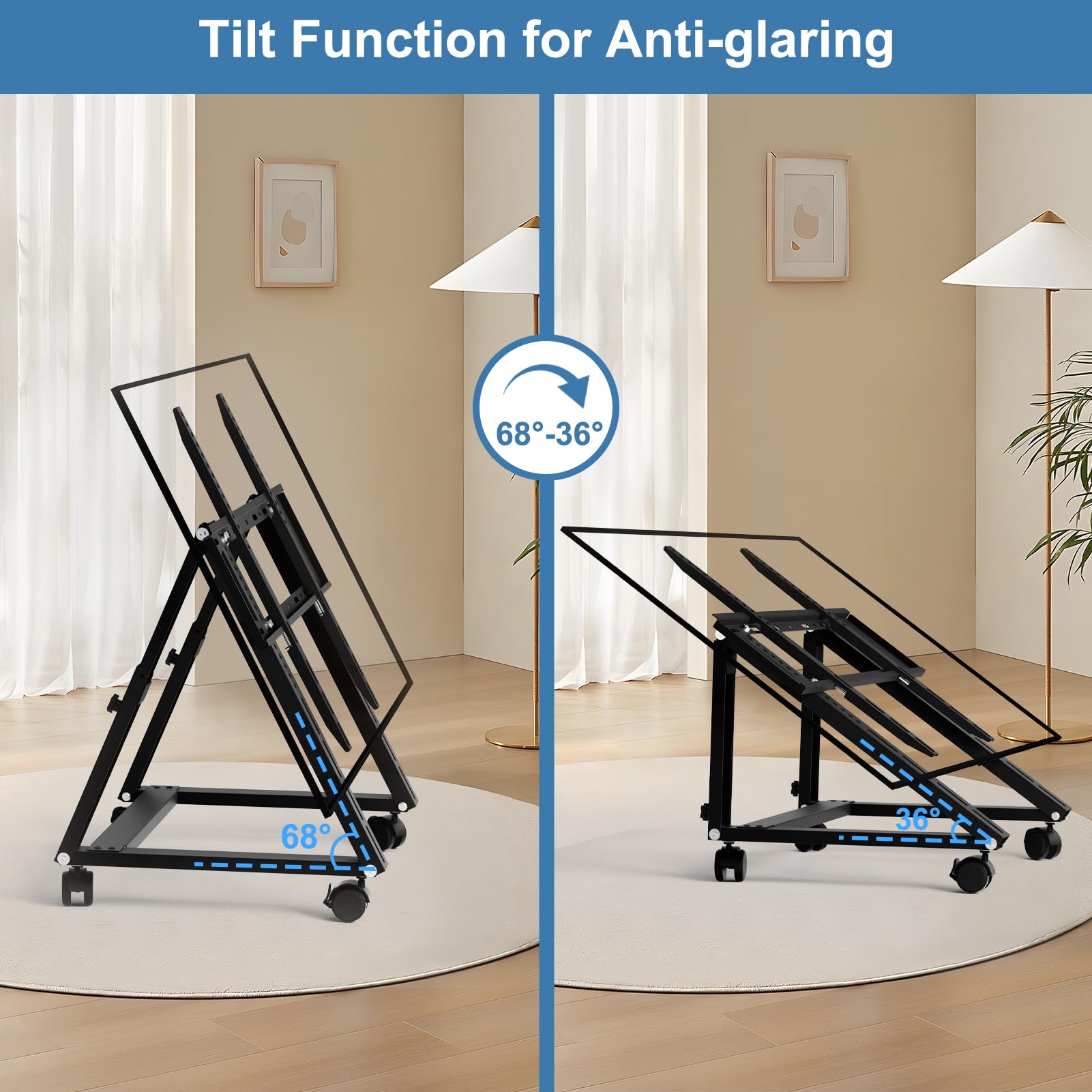 Duiliuu Low Height Mobile Tv Stand, Rolling Tv Stand With Wheel For 26 65 Inch Tv, Hight Adjustable, 36  68 Adjustable Viewing A