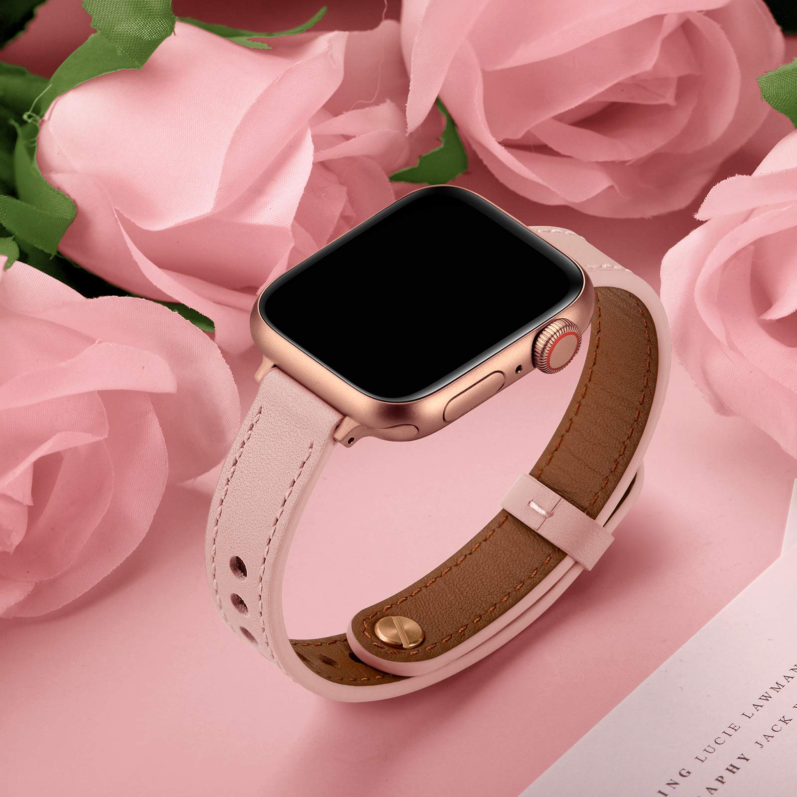 Ouheng Slim Band Compatible With Apple Watch Band 41Mm 40Mm 38Mm, Women Genuine Leather Band Thin Strap For Iwatch Se2 Se Series