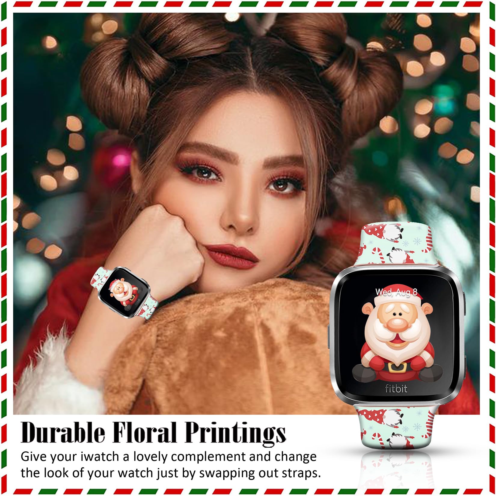 Ftfcase Holidays Christmas Watch Band Compatible With Fitbit Versa/Versa 2/Se For Women Men, Soft Silicone Santa Claus Blue Stra