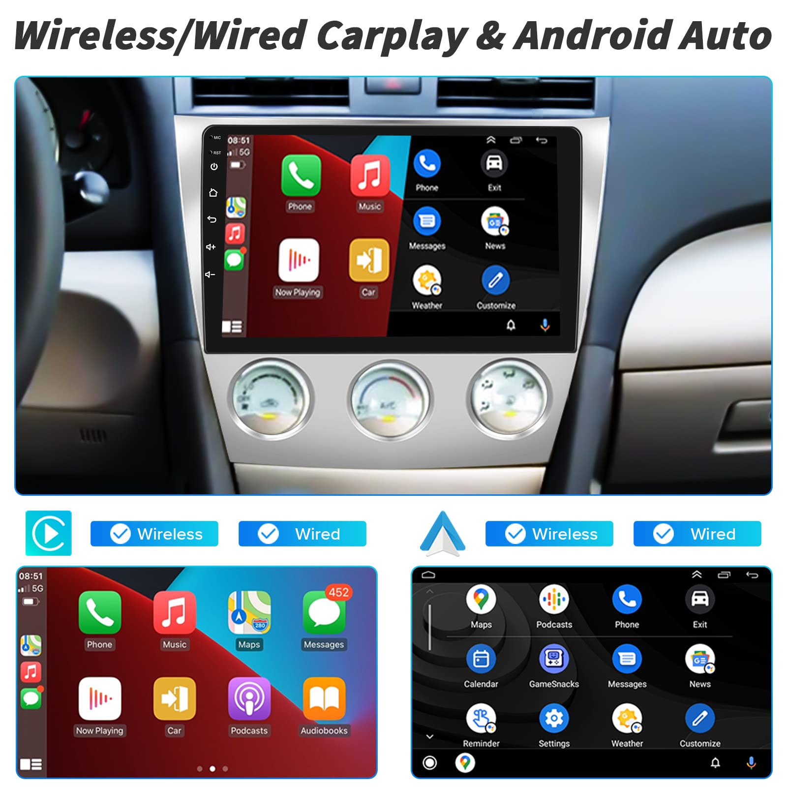 (Manual A/C)Roinvou 2+64G Android 13 Carplay Stereo For 2006 2011 Toyota Camry, Wireless Carplay Radio With Android Auto, 10.1''