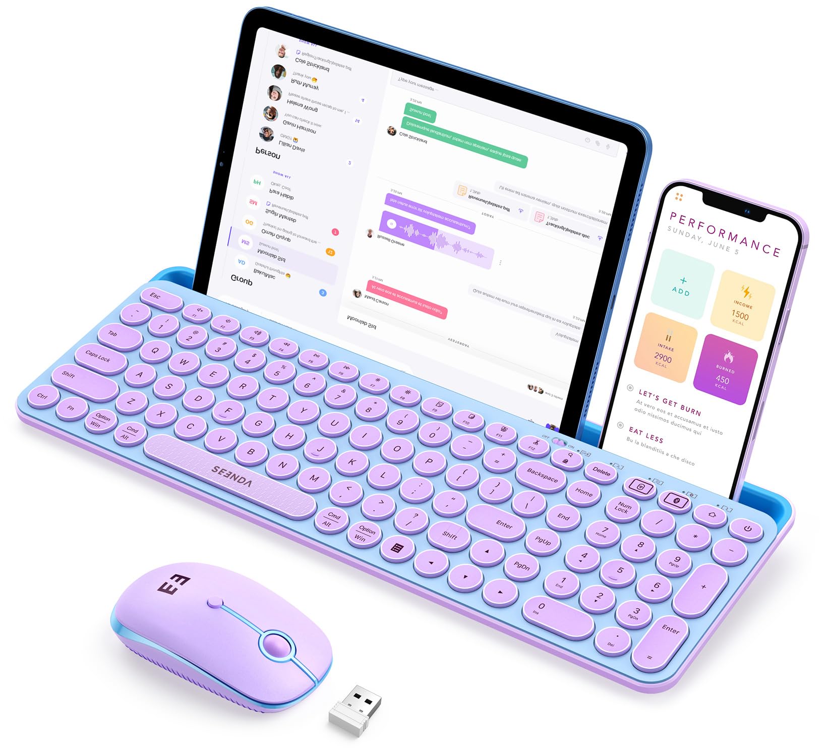 Seenda Bluetooth Keyboard And Mouse For Ipad, Multi Device Bluetooth + 2.4G Wireless Keyboard Mouse With Tablet Holder For Macbook/Windows Computer, Ios/Andriod Tablet Phone, Blue & Purple