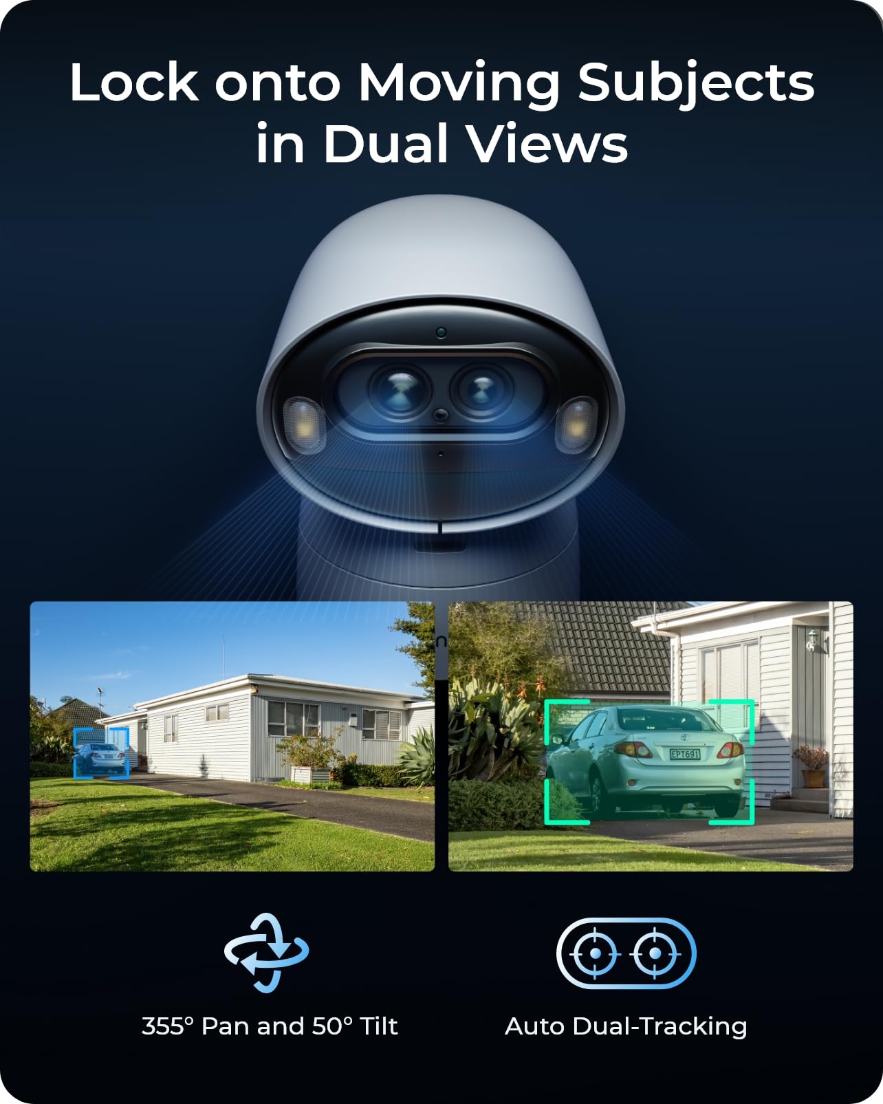 Reolink Argus Track, 4K Solar Security Camera, Wireless Outdoor Camera, Pan & Tilt, Auto Zoom Tracking, 2.4/5Ghz Wifi, 8Mp Color Night Vision, Ai Detection, No Extra Fee, Home Hub Compatible