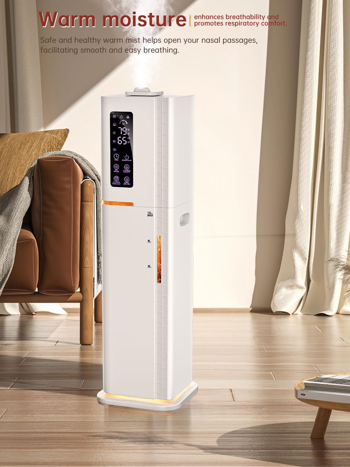 2.64Gal Humidifiers For Bedroom Large Room, Warm And Cool Mist Up To 500Ft, Top Fill Diffuser Ambient Light, 3 Mist Modes, 24H T