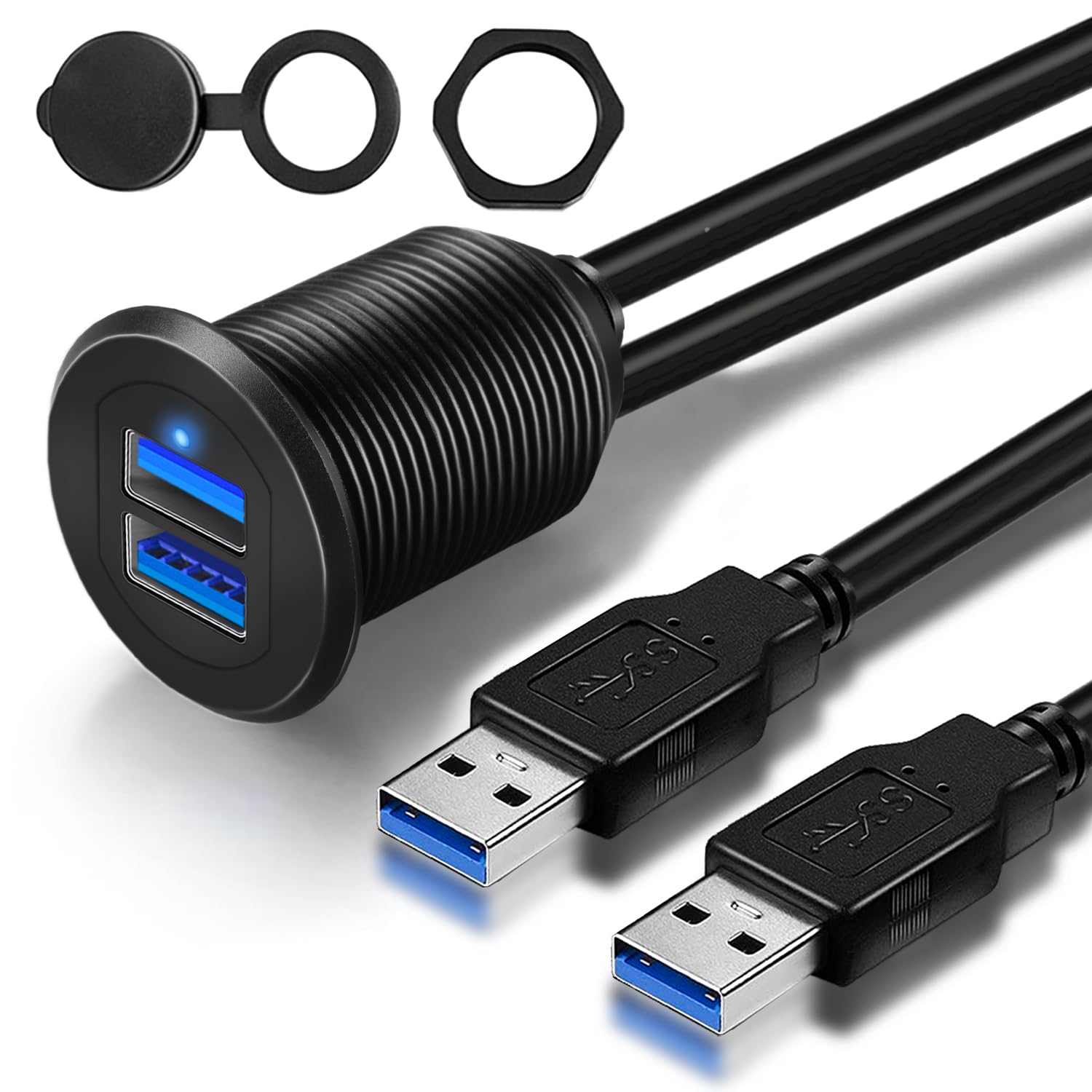 Gobgod Double Port Usb 3.0 Car Mount Flush Cable, Usb3.0 Male To Female Car Mount Extension Cable For Car Motorcycle Boat Dashbo