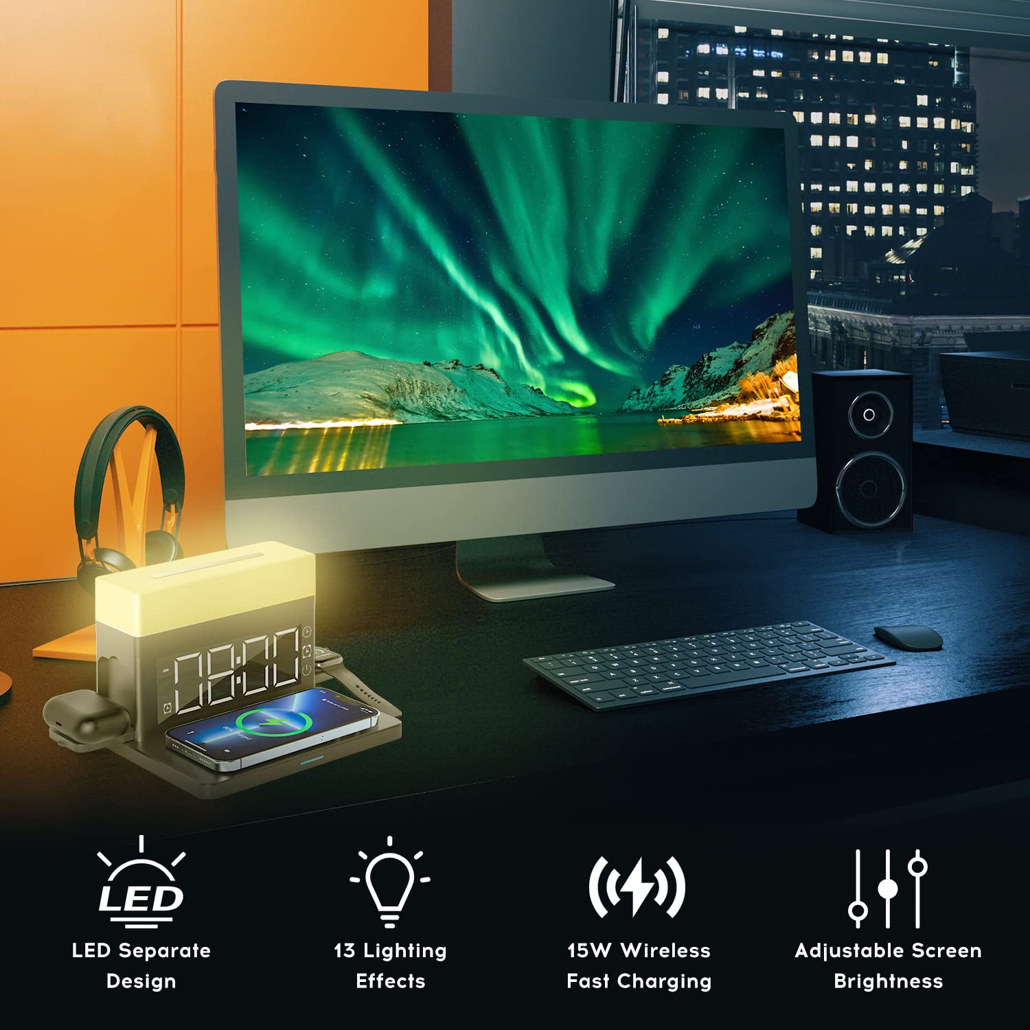 Smsasoeo Wireless Charger,6 In 1 Wireless Charging Station With Digital Alarm Clock & Night Light,15W Fast Charger Compatible Wi