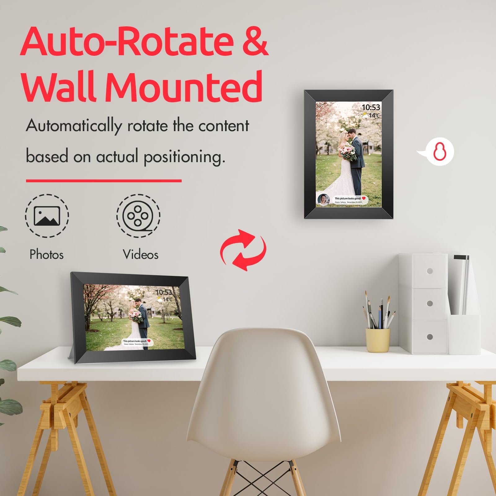 Frameo 10.1 Inch Digital Photo Frame, 32Gb Wifi Digital Frame, 1280X800 Ips Lcd Touch Screen, Auto Rotate, Wall Mounted, Easy Se