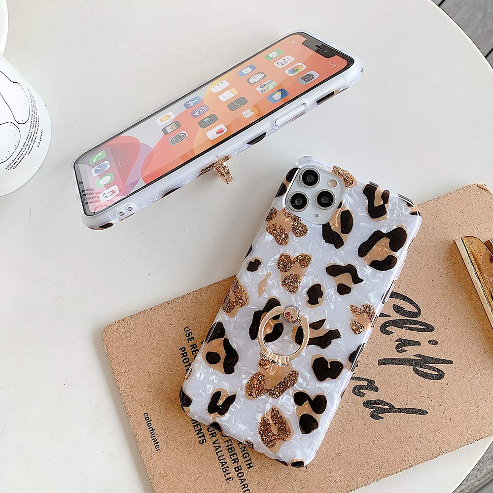 Qokey iPhone X/XS Phone Case 360 Degree Rotating Ring Kickstand Shockproof TPU Leopard