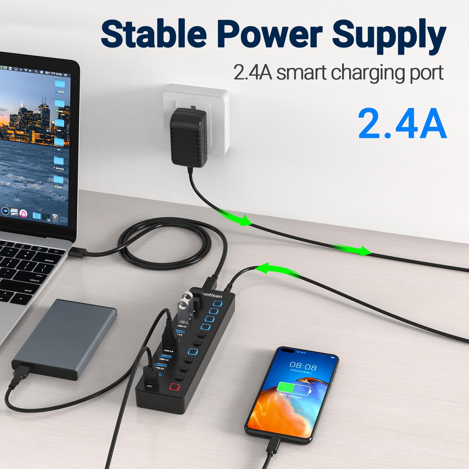 Powered Usb Hub, 11 Port Usb 3.0 Hub Splitter   10 Usb 3.0 Data Transfer Ports + 1 Smart Charging Port, Usb Hub 3.0 Powered With