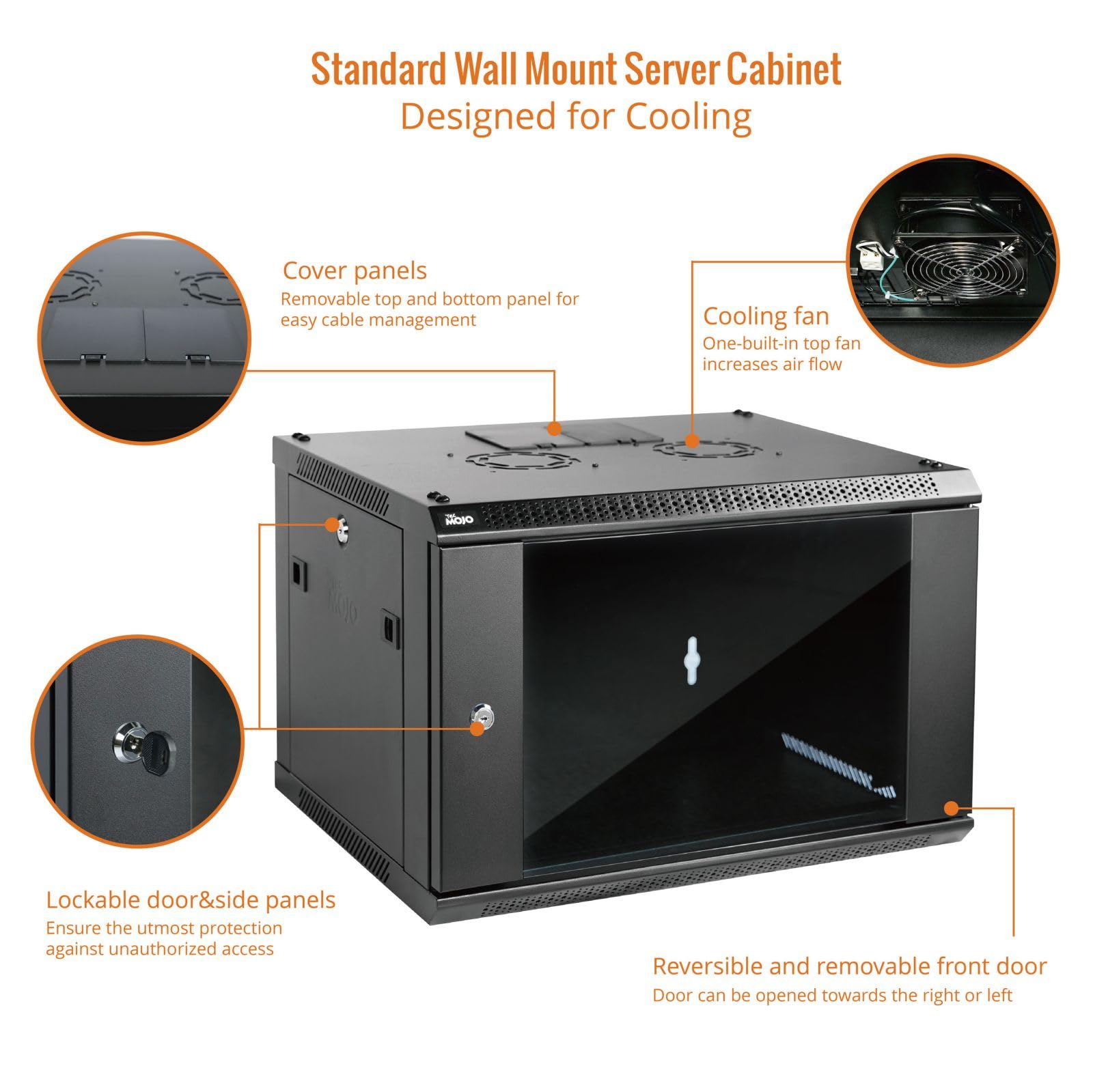 Tecmojo 6U Wall Mount Server Cabinet It Network Rack Enclosure Lockable Door And Side Panels Black,Cooling Fan,Standard Glass Do