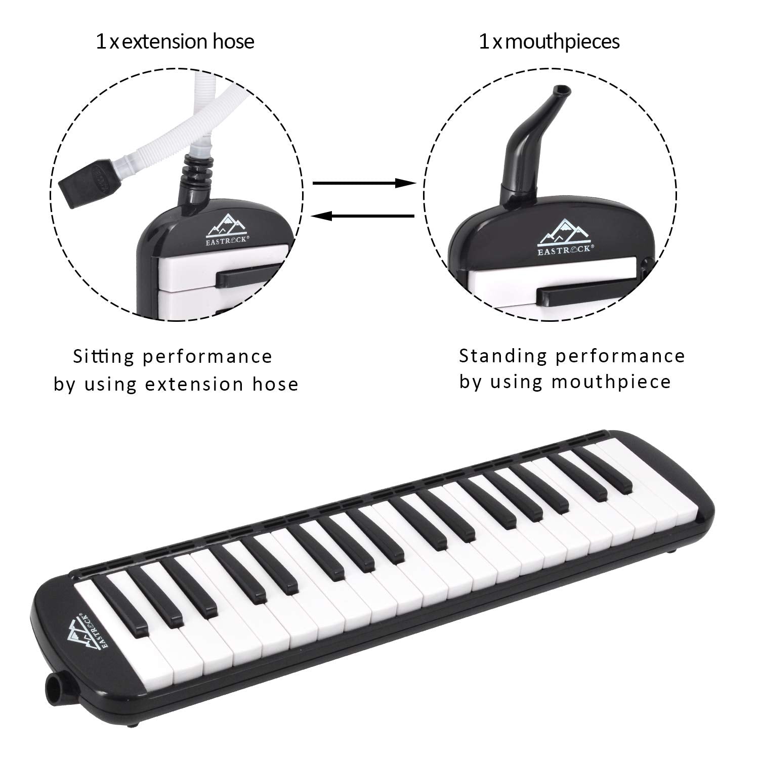 Eastrock 37 Key Melodica Instrument, Air Piano Keyboard Soprano Style,Pianica With Mouthpiece Tube Sets And Carrying Bag, Black