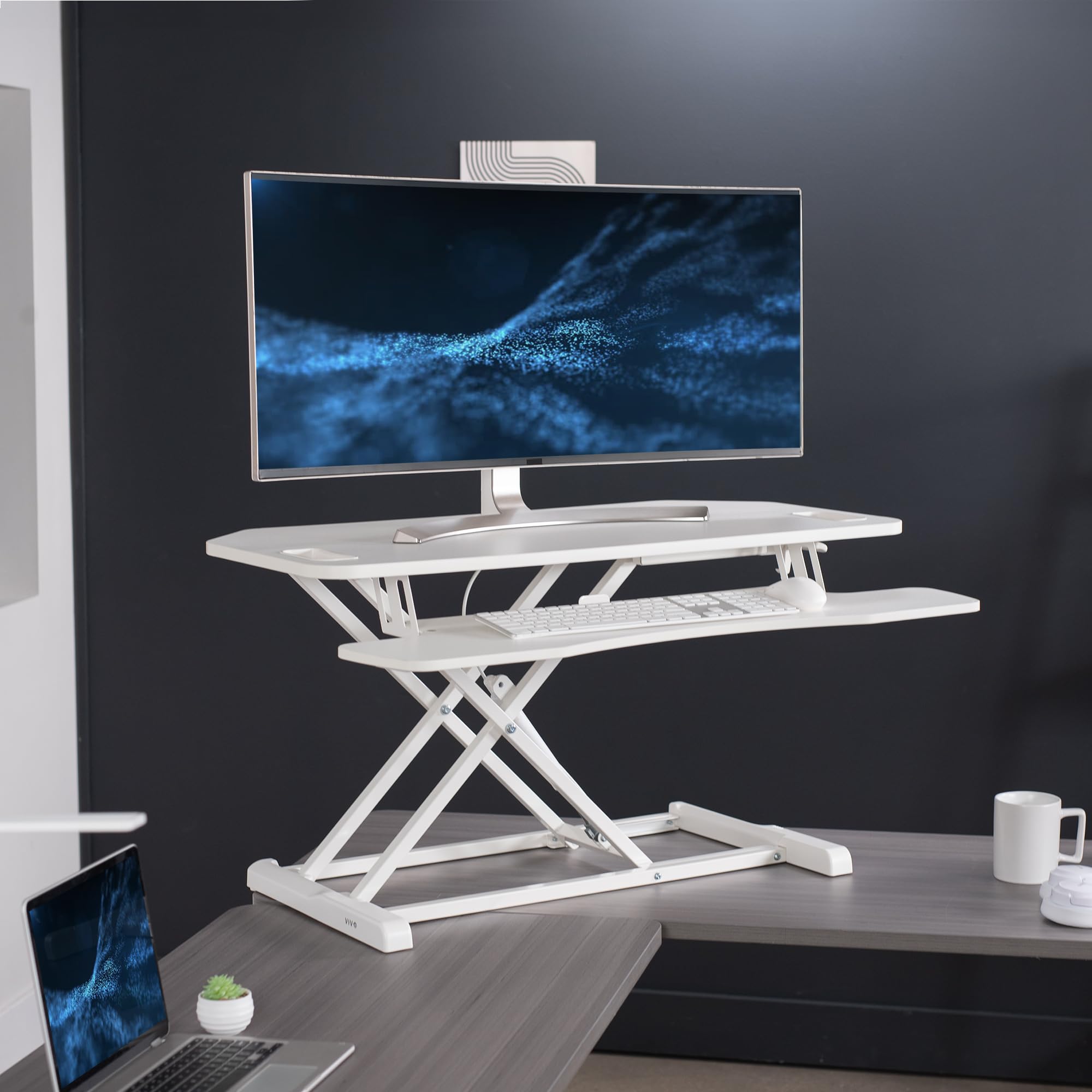 Vivo Extra Wide 38 Inch Corner Desk Converter, K Series, Height Adjustable Sit To Stand Riser, Dual Monitor And Laptop Workstati