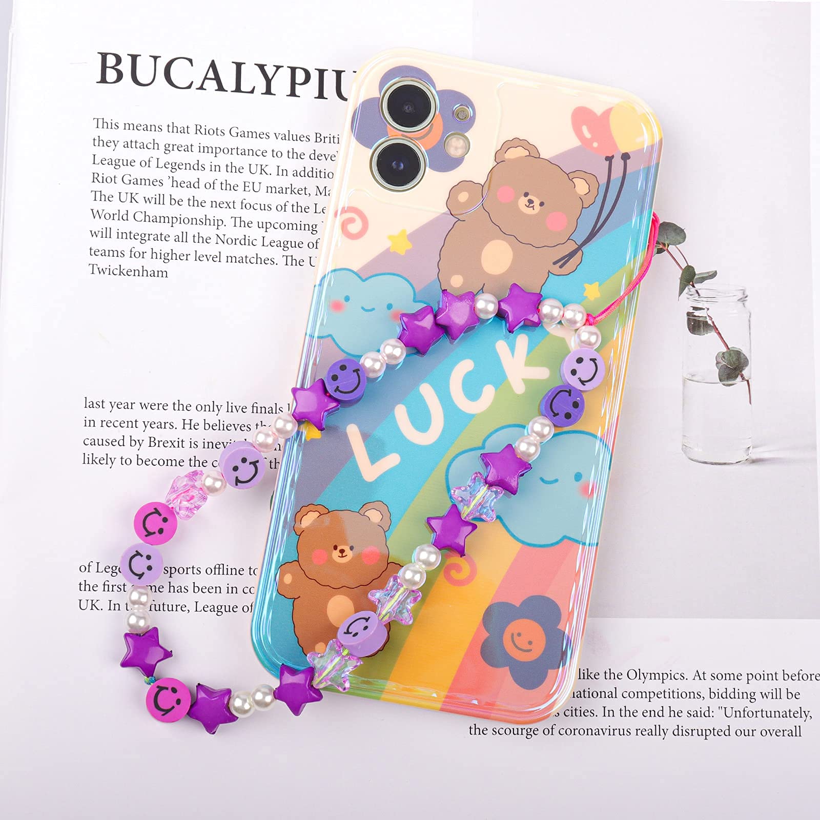 Phone Charm Lanyard, 1Pcs Smiley Face Beaded Phone Charm Strap Colorful Star Smiley Soft Ceramic Keychain For Women Girls (Purpl
