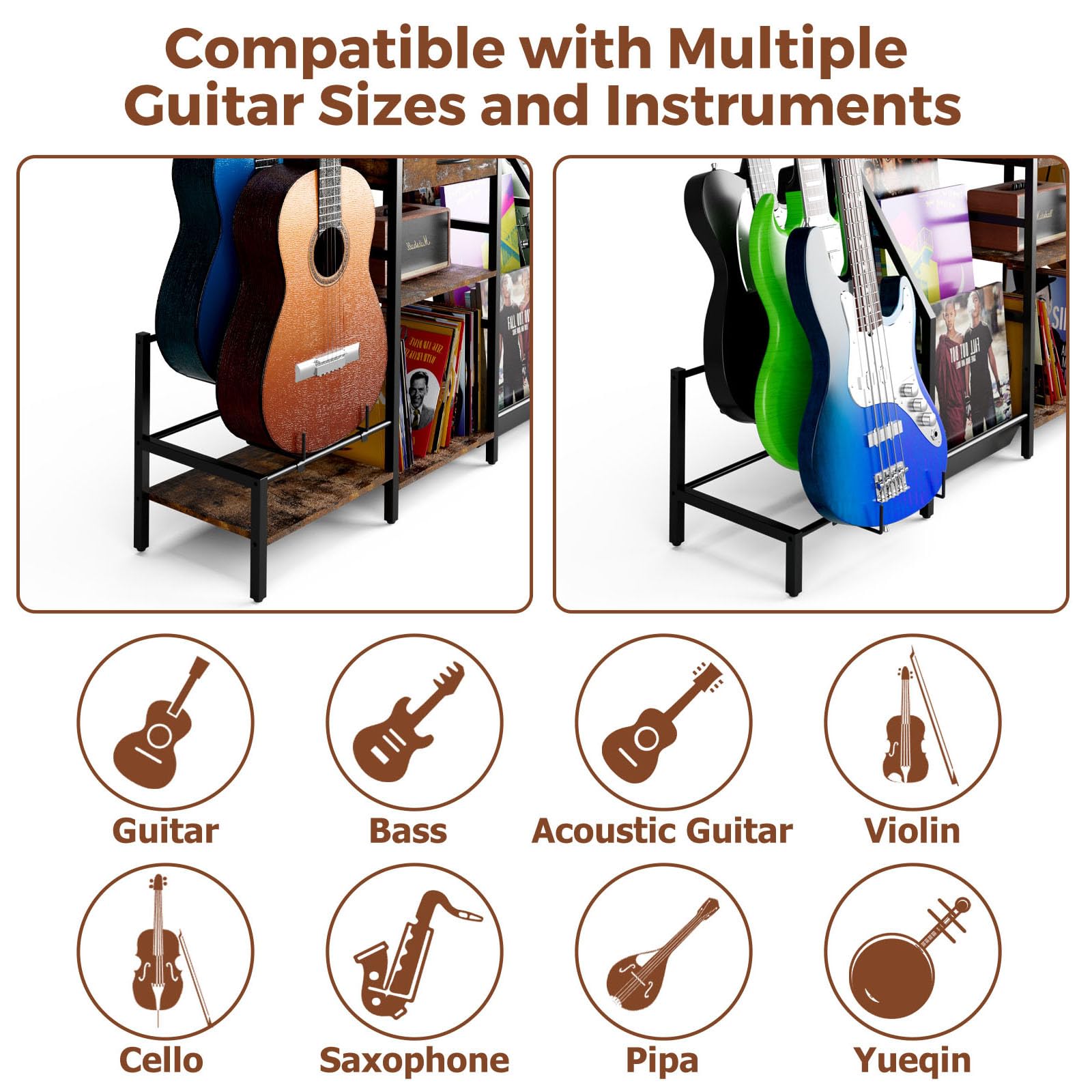 Kikihouse 3 Tier Guitar Stand For Multiple Guitars, Guitar Rack With Amp Shelf And Vinyl Record Storage, Multi Guitar Stand For