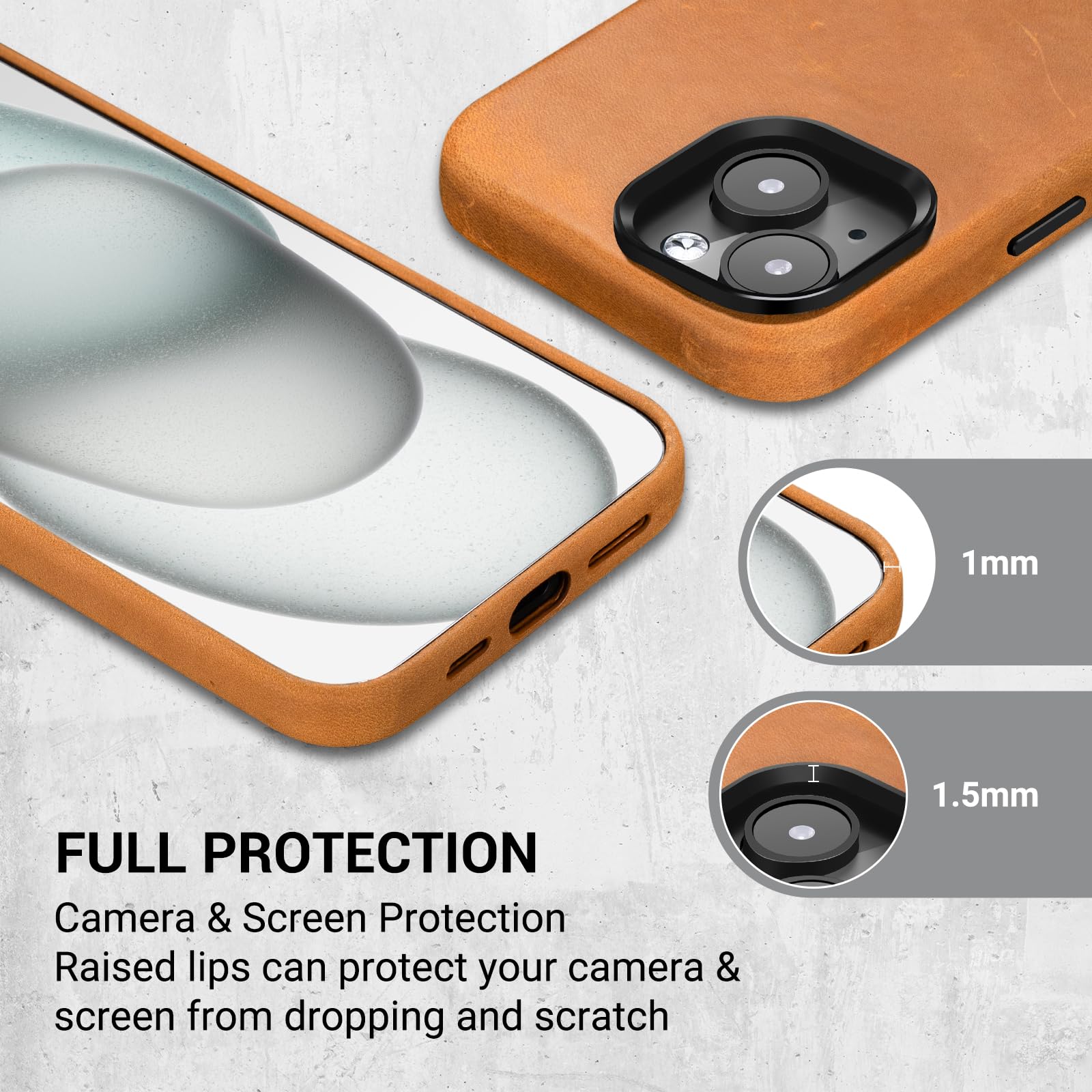 Belemay Compatible With Iphone 15 Leather Case With Magsafe - Top Grain Vintage Crazy Horse Leather - Metal Buttons & Lens Prote