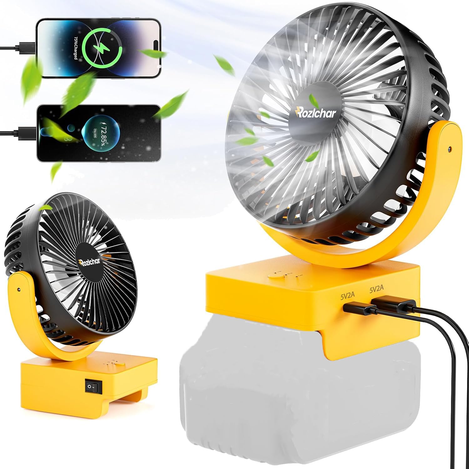 Rozlchar Portable Cordless Fan Compatible For DeWALT 18V 20V Battery, Work for DCB182 DCB183 DCB204 DCB206, Jobsite Fan w/USB A/
