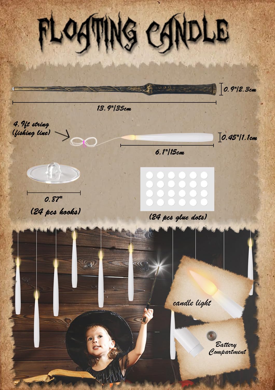 Genswin 22Pcs Flameless Floating Candle With Magic Wand Remote Timer, Battery Operated Hanging Window Candles Flickering, 6.1 Le