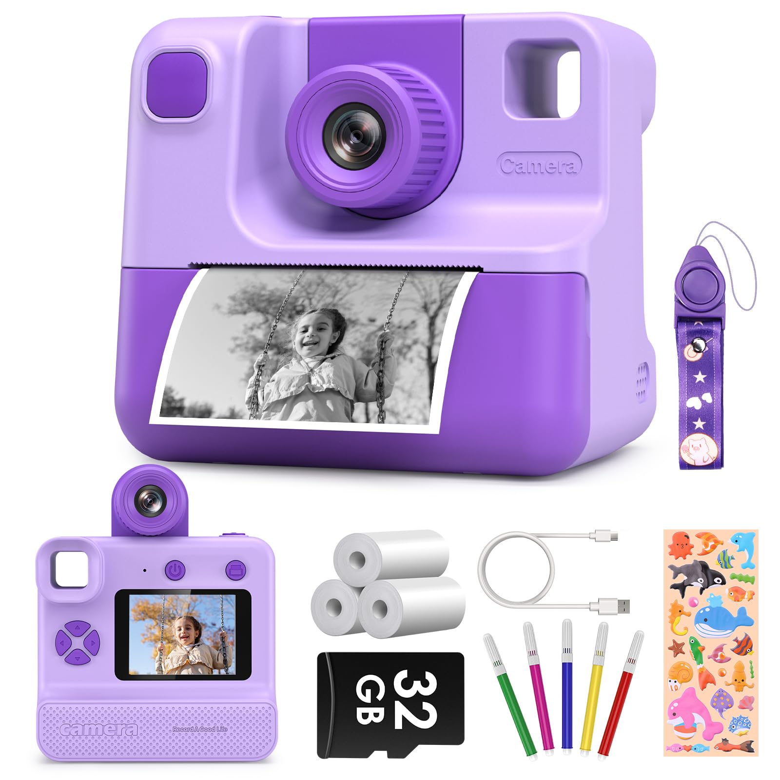 Kids Camera Instant Print, Christmas Birthday Gifts For Toddle Girls Boys Age 3 12, 24Mp & 1080P Video Selfie Digital Camera Wit