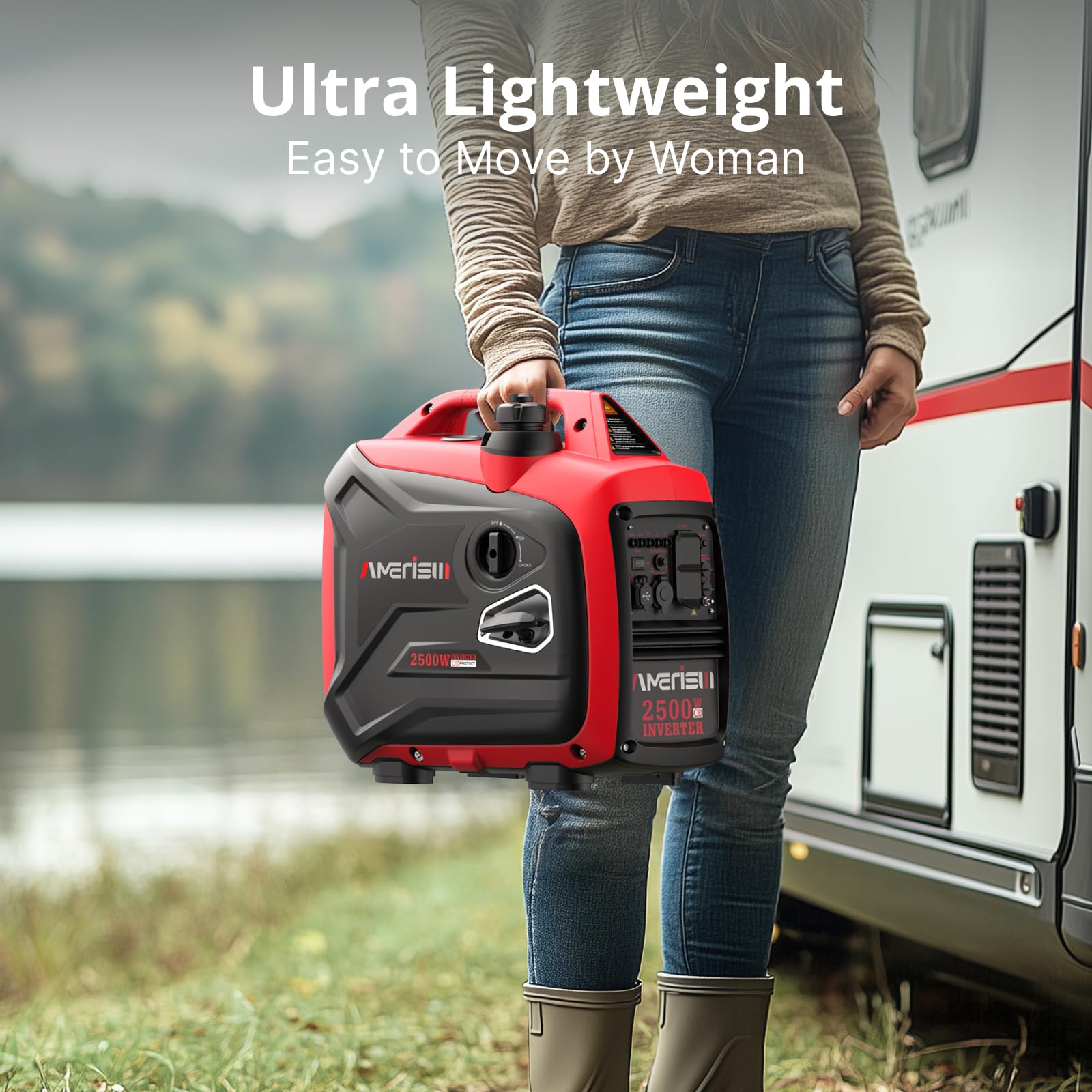 Amerisun 2500-Watt Gas Powered Portable Inverter Generator, Co Sensor, Super Quiet For Home Backup, Emergency, Camping, Epa Comp