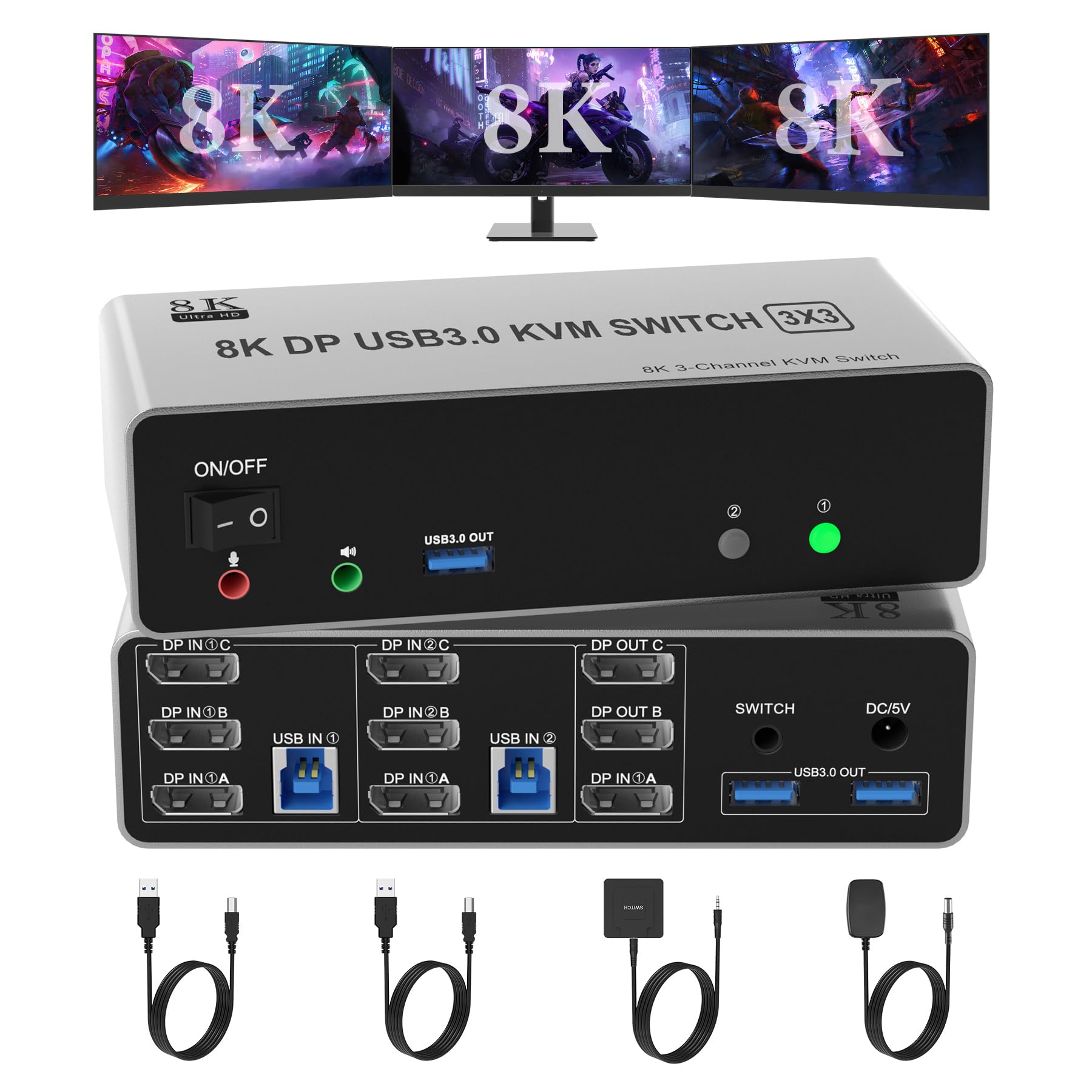 8K@60Hz Kvm Switch 3 Monitors 2 Computers 4K@144Hz, Dp 1.4 Displayport Kvm Switch Triple Monitor For 2 Computer Share 3 Monitor,