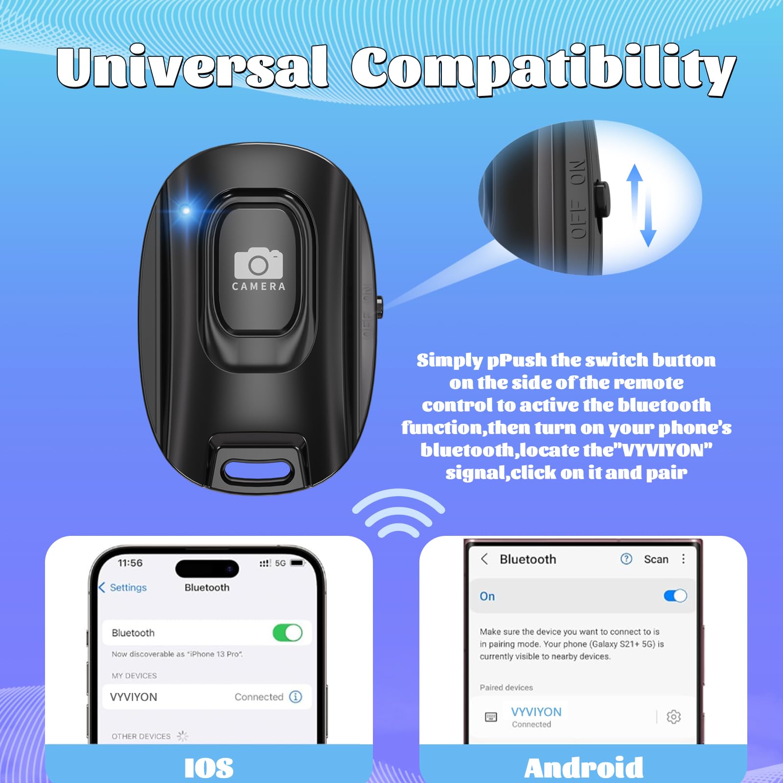 Vyviyon Bluetooth Camera Remote Shutter For Iphone And Android Smartphones, Rechargeable Wireless Phone Remote Control,Selfie Bu