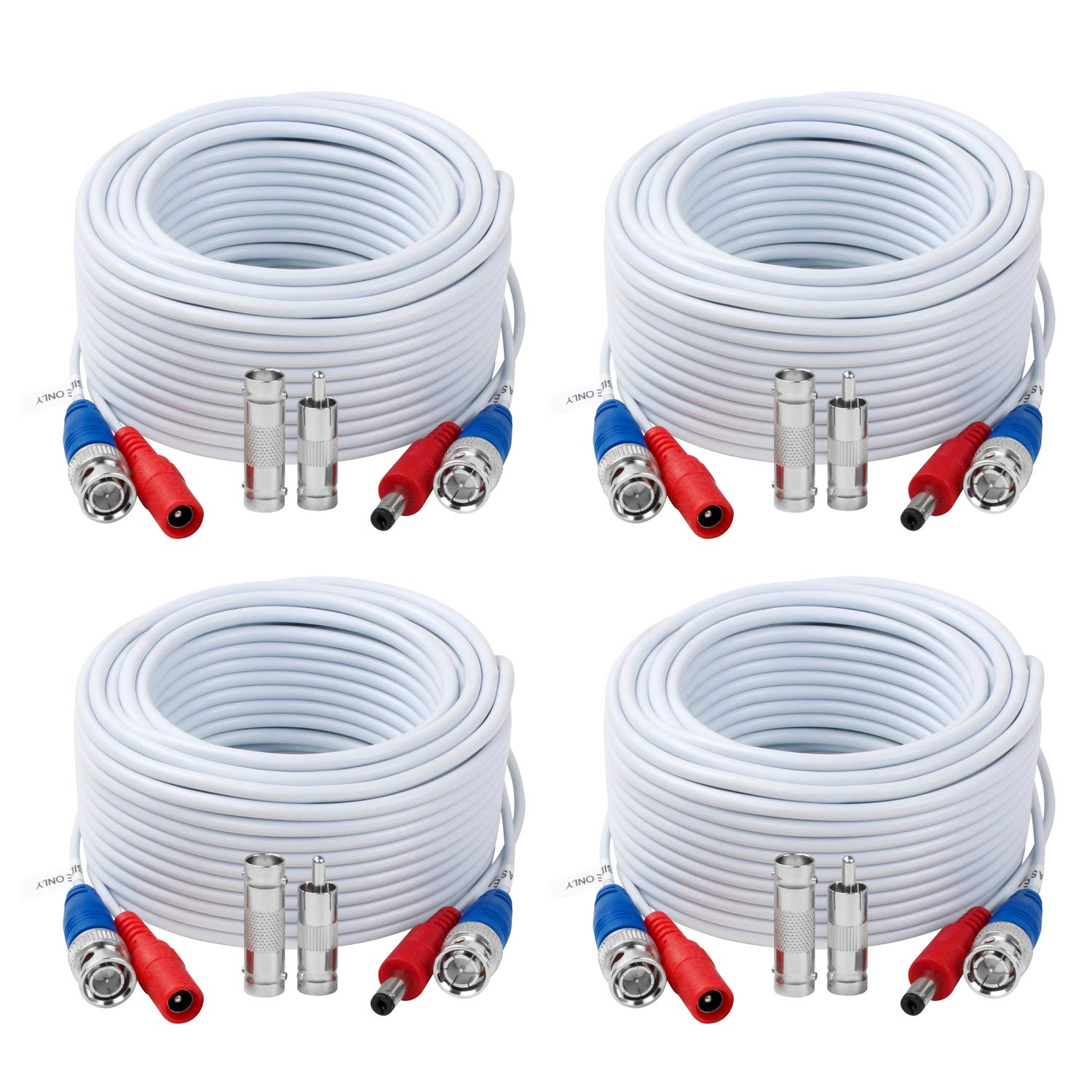Tainston 4 Pack 30 Feet Bnc Video Power Cable,Bnc Extension Wire Video Security Camera Wire With Connectors For Cctv Camera Dvr