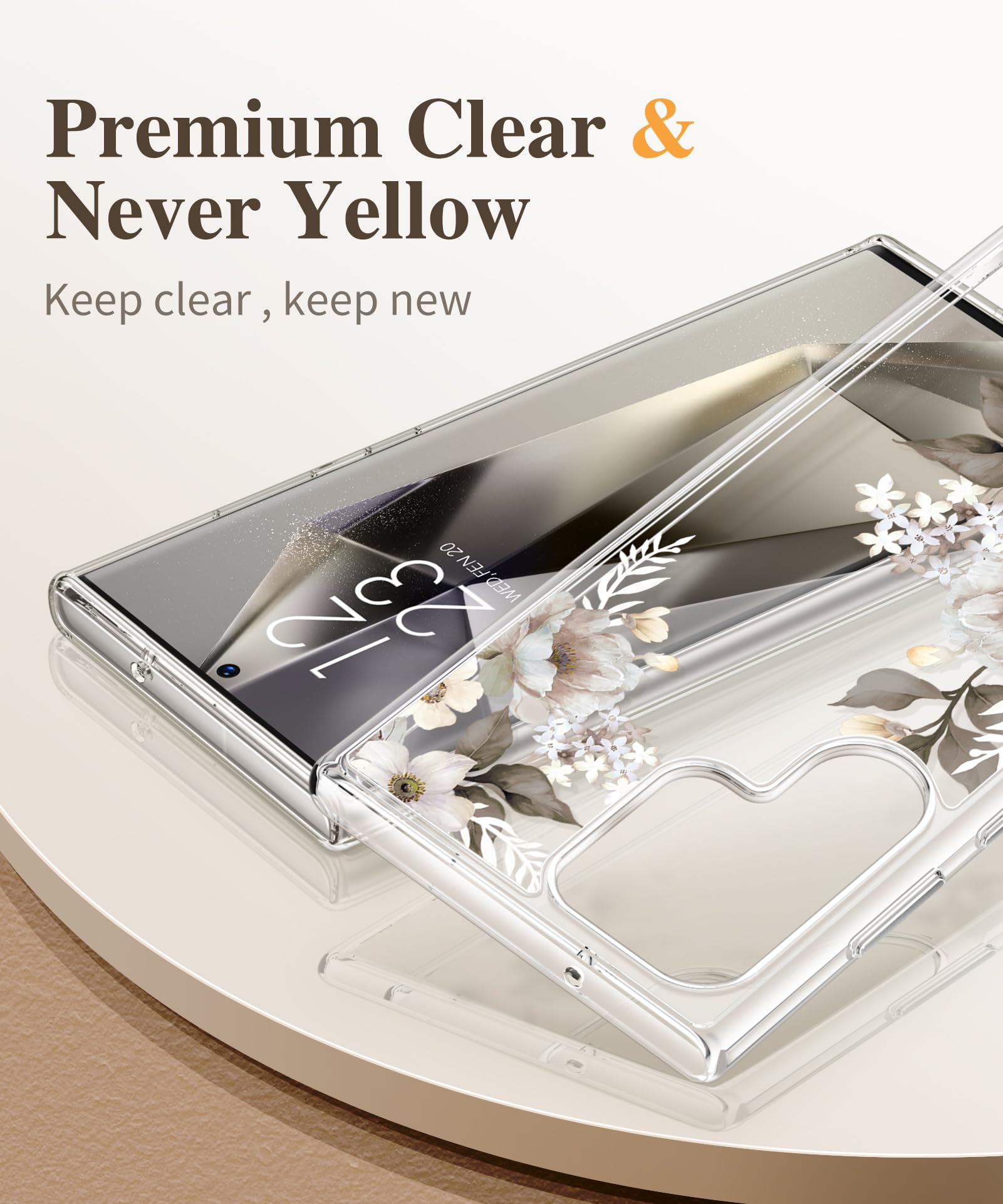 Gviewin For Samsung Galaxy S24 Ultra Case With Screen Protector+Camera Protector, [Mil Grade Drop Protection] Floral Clear Slim