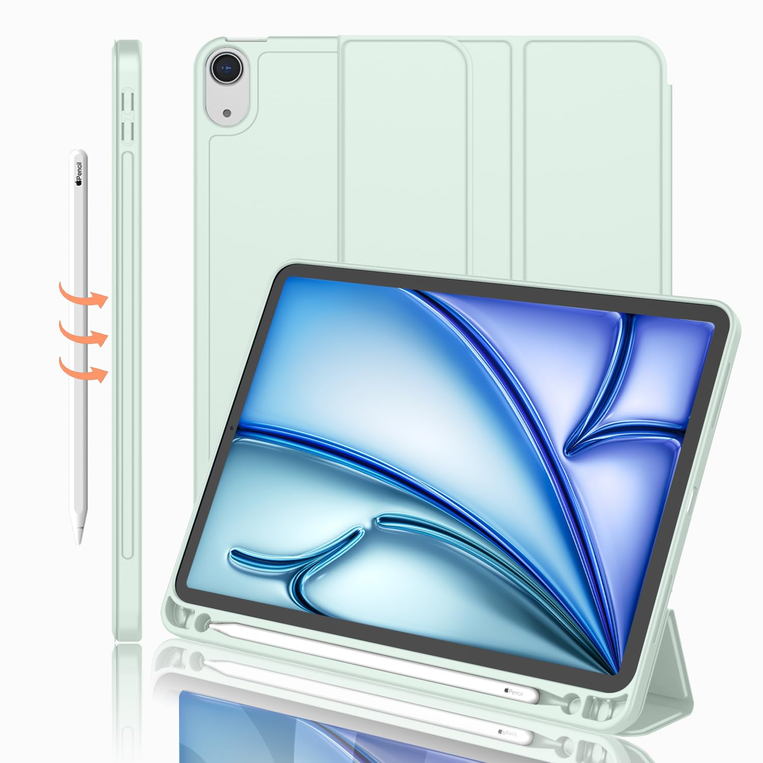 Imieet Ipad Air 11 Inch Case 2024 (6Th Generation), Ipad Air 5Th Generation Case 2022/4Th Generation Case 2020 10.9 Inch With Pencil Holder, Trifold Stand Smart Case (Pale Green)