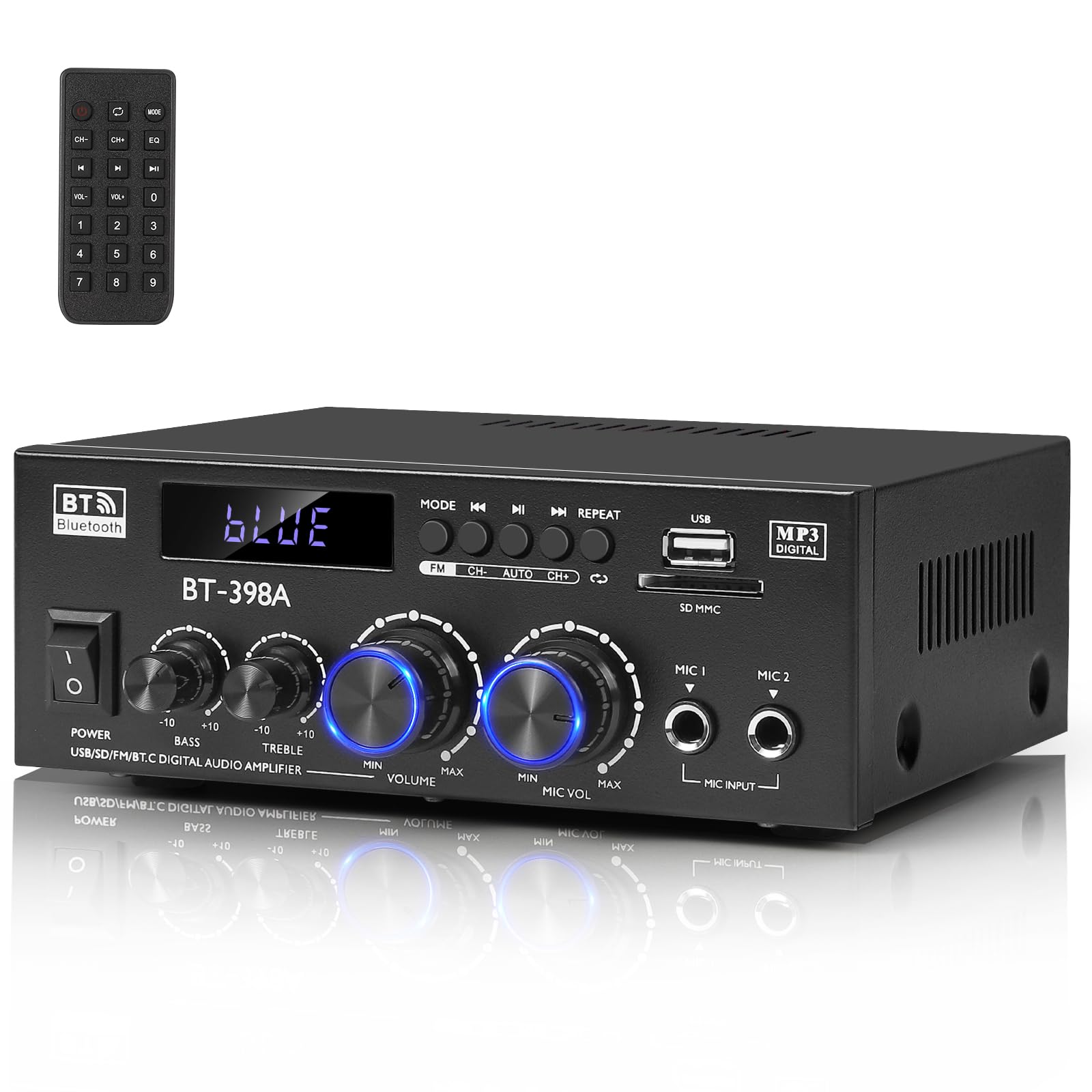 Romica Stereo Audio Amplifier, 2 Channel 450W Bluetooth 5.0 Home Audio Stereo Receiver with FM Radio, USB, SD, Optical & Coaxial