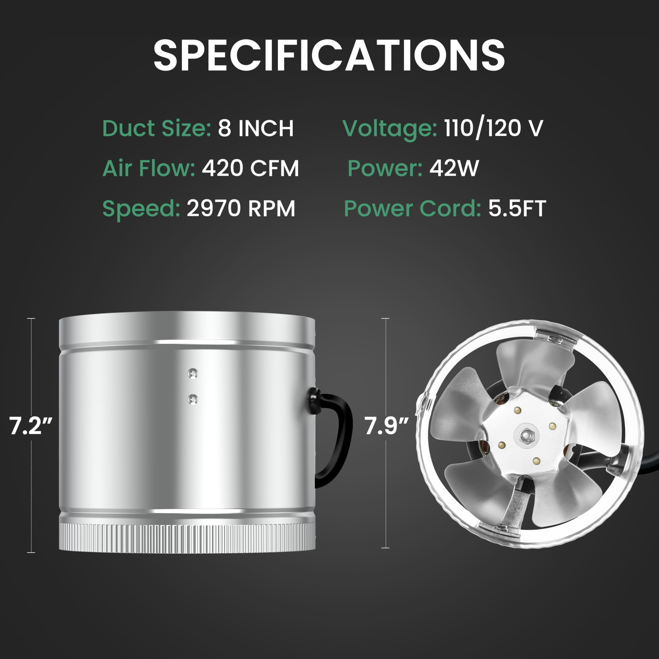 Ipower 8 Inch Inline Duct Fan 420 Cfm, Hvac Booster Exhaust Ventilation Fan With Low Noise For Basements, Bathrooms, Grow Tents,