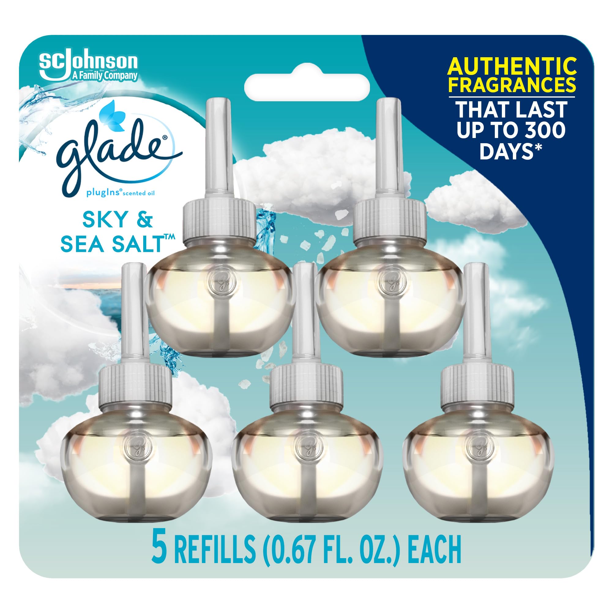 Glade Plugins Refills Air Freshener, Scented And Essential Oils For Home And Bathroom, Sky & Sea Salt, 3.35 Fl Oz, 5 Count