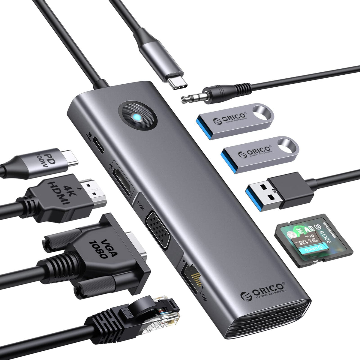 Usb C Docking Station, Orico 10 In 1 Laptop Docking Station With Hdmi 4K, Vga, 3 Usb Port, Pd 100W, Sd&Tf, 3.5Mm Audio, Gigabit