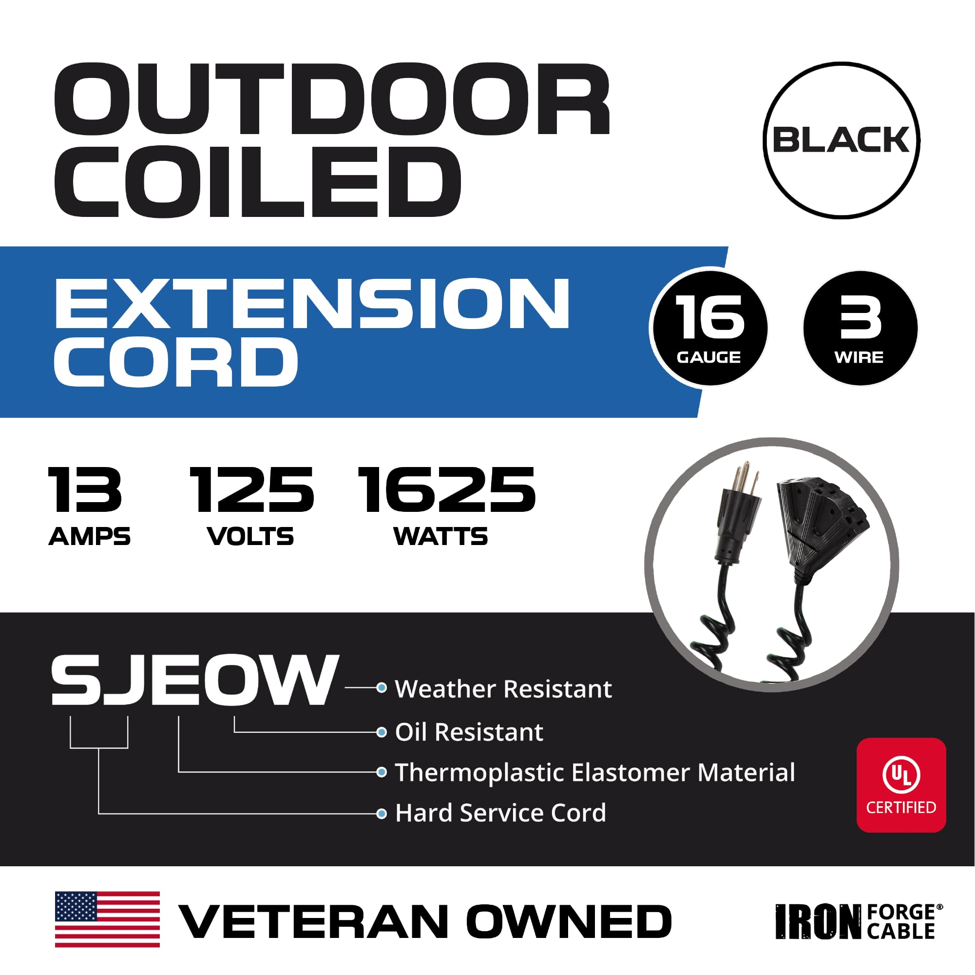Iron Forge Cable 3 Outlet Black Outdoor Coiled Extension Cord 15 Ft, 16/3 Sjeow Oil Resistant & Flame Retardant Power Cord 13 Am